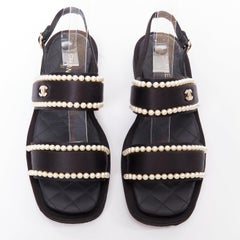 CHANEL 2022 black pearl embellished satin CC flat dad sandals EU36.5