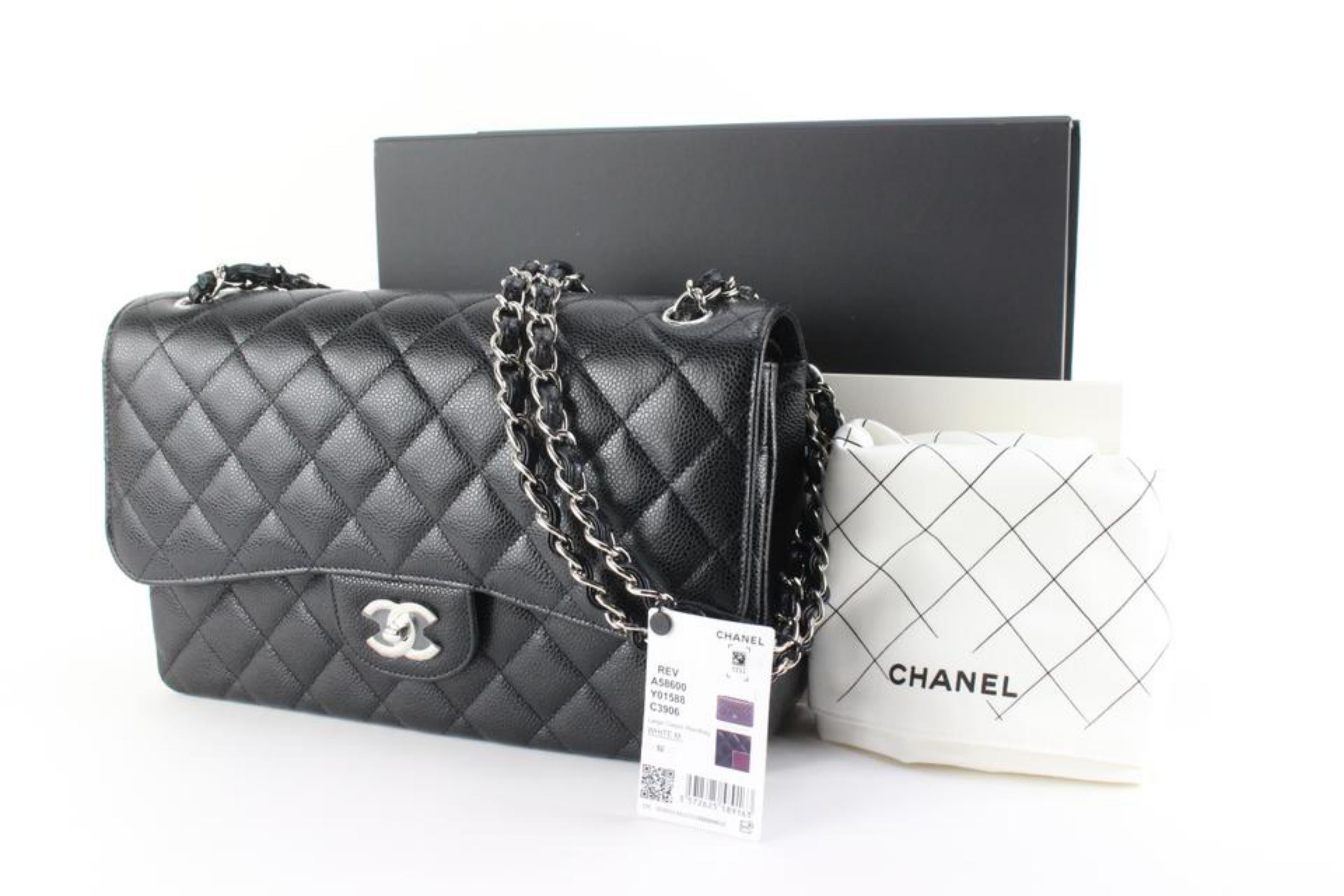 Chanel 2022 Black Quilted Caviar Jumbo Double Classic Flap SHW 78c85s 5