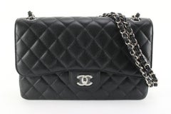 Chanel 2022 Black Quilted Caviar Jumbo Double Classic Flap SHW 78c85s