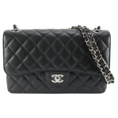 Chanel 2022 Black Quilted Caviar Jumbo Double Classic Flap SHW 78c85s
