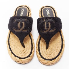 CHANEL 2022 black towelling CC mesh espadrille thong platform sandals EU37