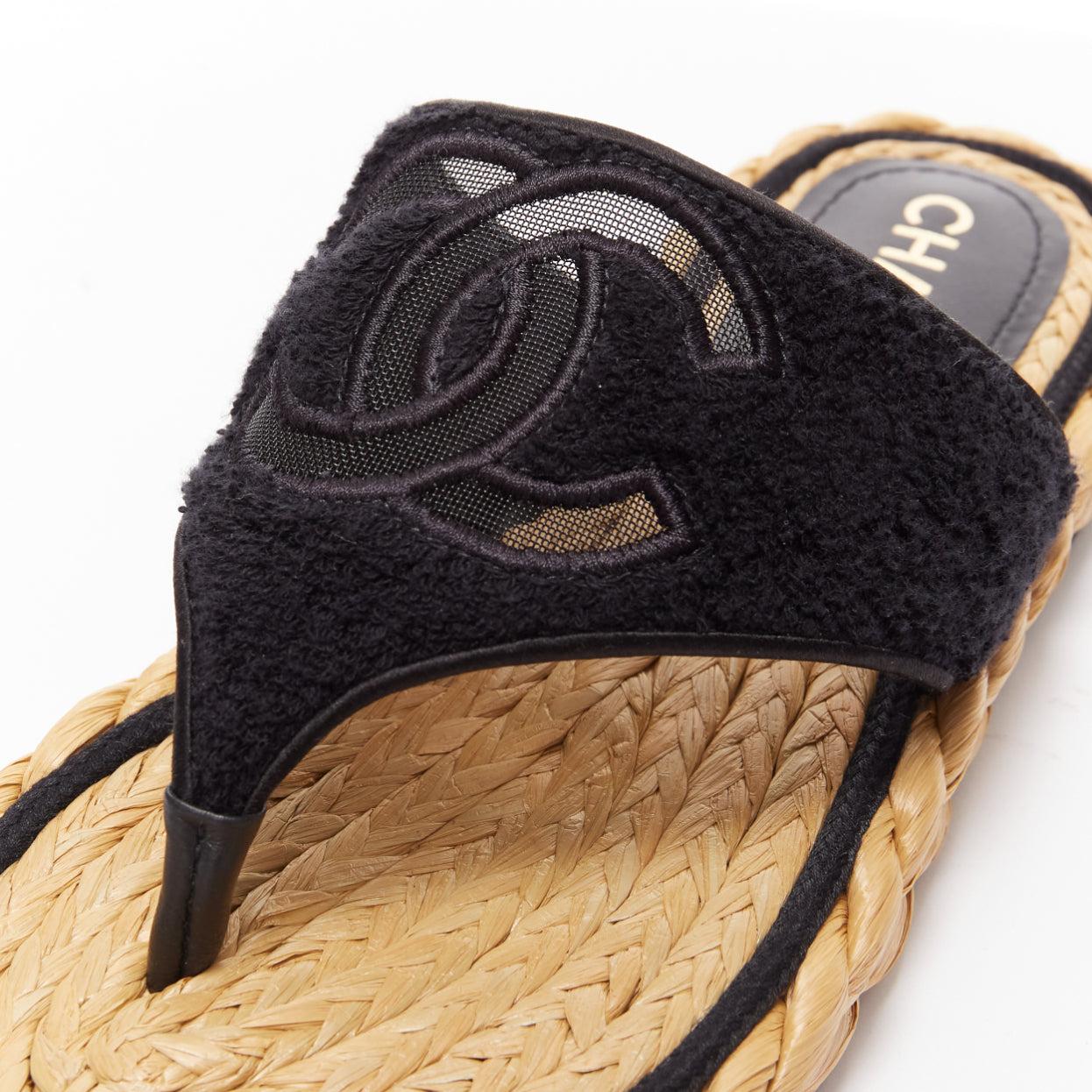 CHANEL 2022 black towelling CC mesh espadrille thong platform sandals EU37 3