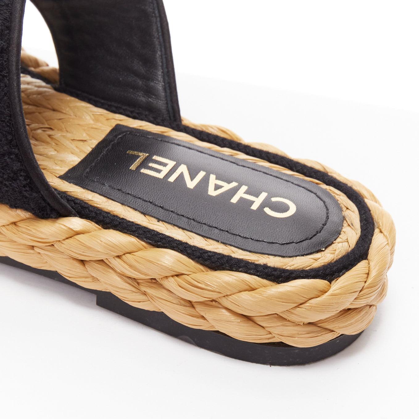 CHANEL 2022 black towelling CC mesh espadrille thong platform sandals EU37 4