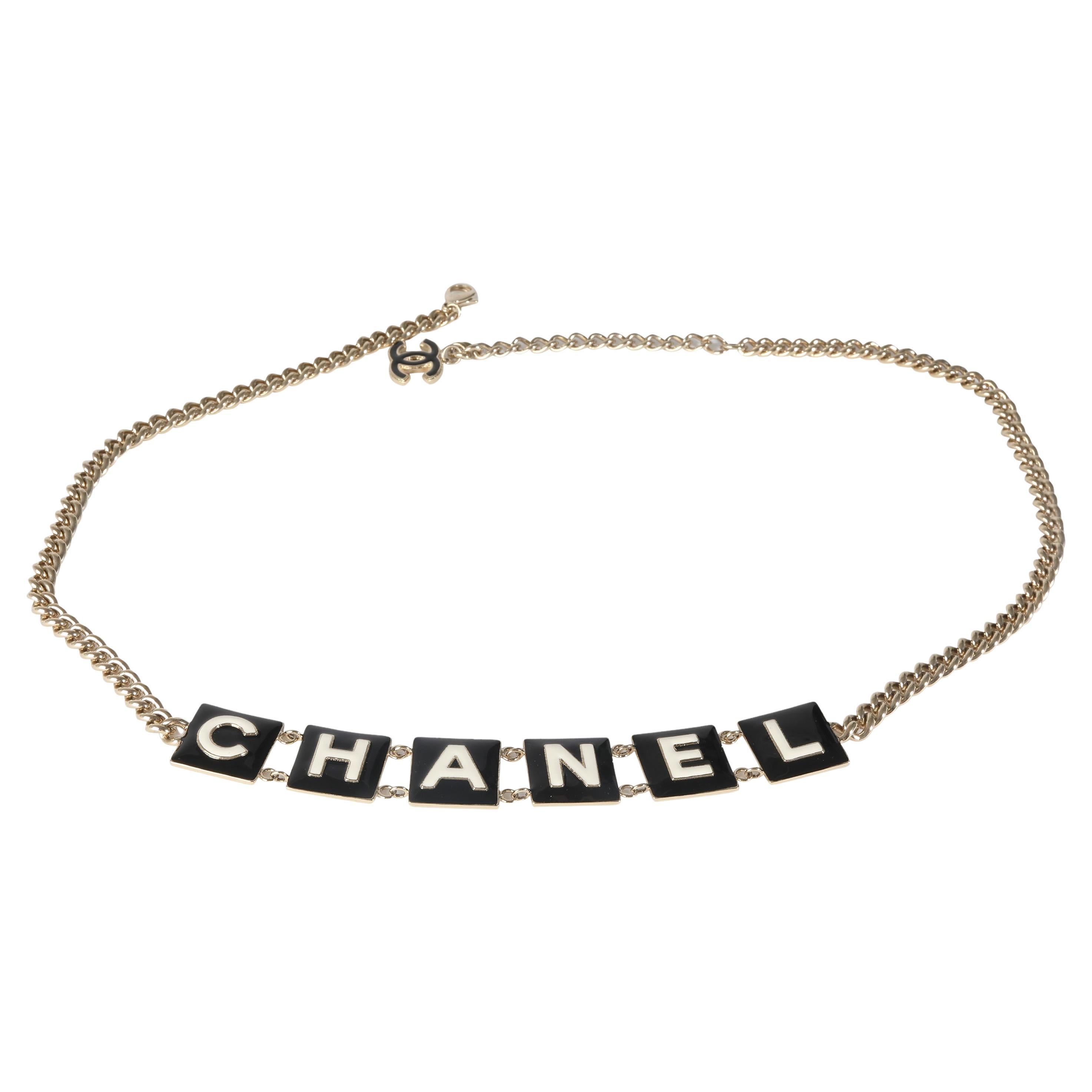 Chanel 2022 Black & White Enamel Gold Plated Logo Belt For Sale