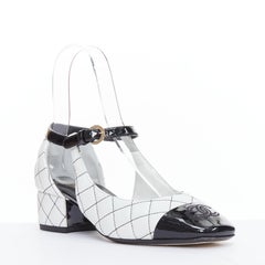 CHANEL 2022 black white quilted topstitch patent cap toe maryjane heels EU36.5