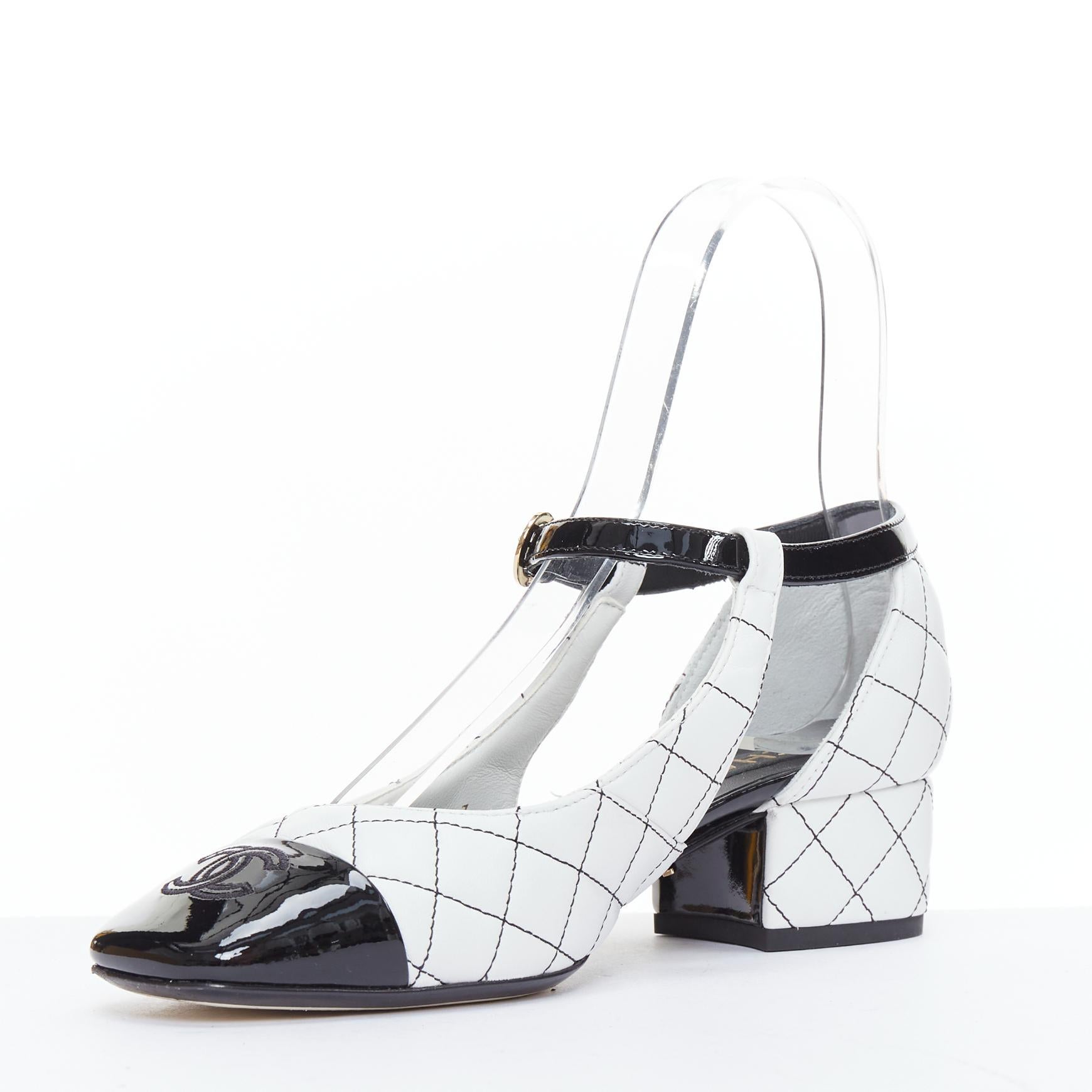 CHANEL 2022 schwarz weiß gesteppt patent cap toe maryjane absätze EU36.5 im Zustand „Hervorragend“ im Angebot in Hong Kong, NT
