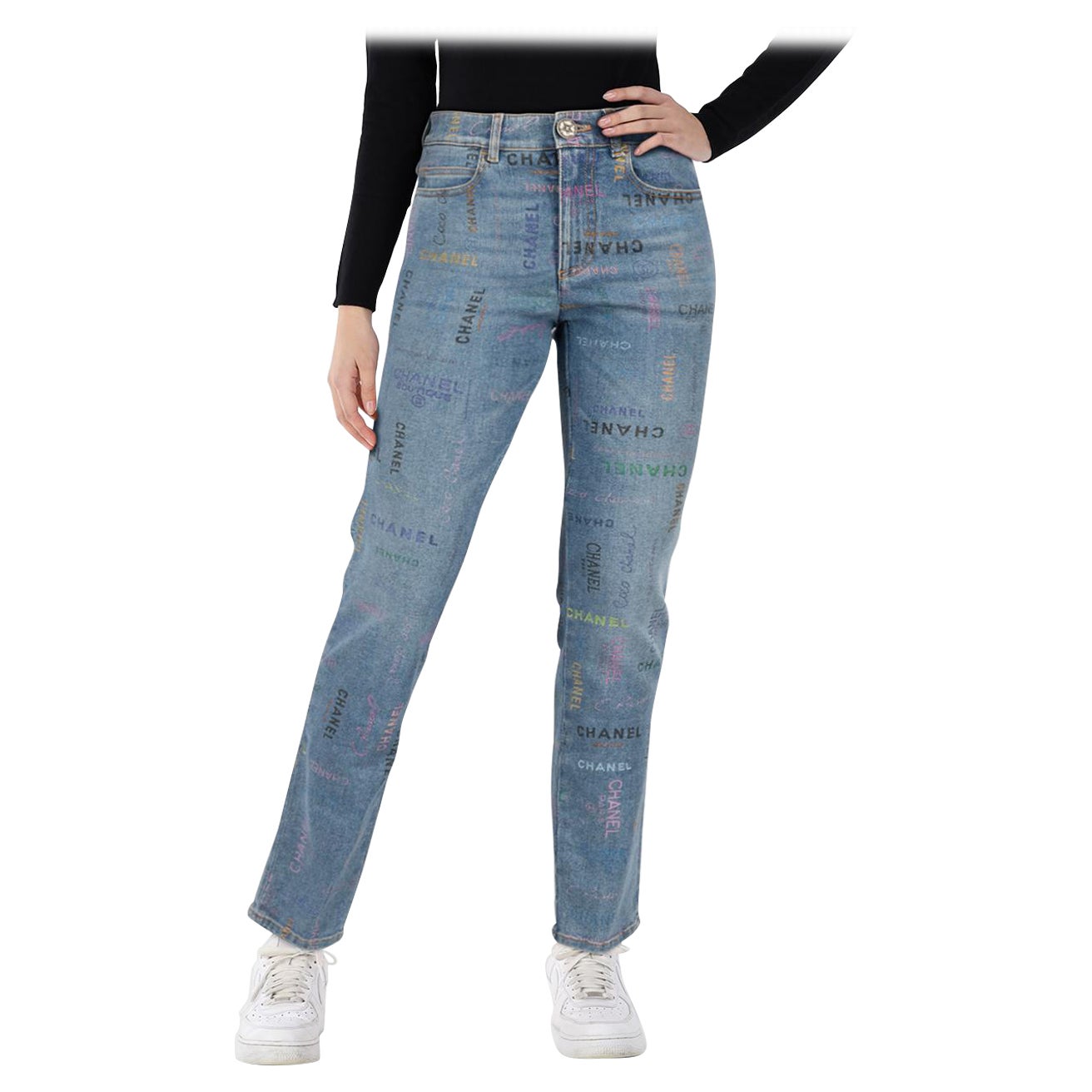 Chanel 2022 Blue Logo Print Skinny Jeans Size XS