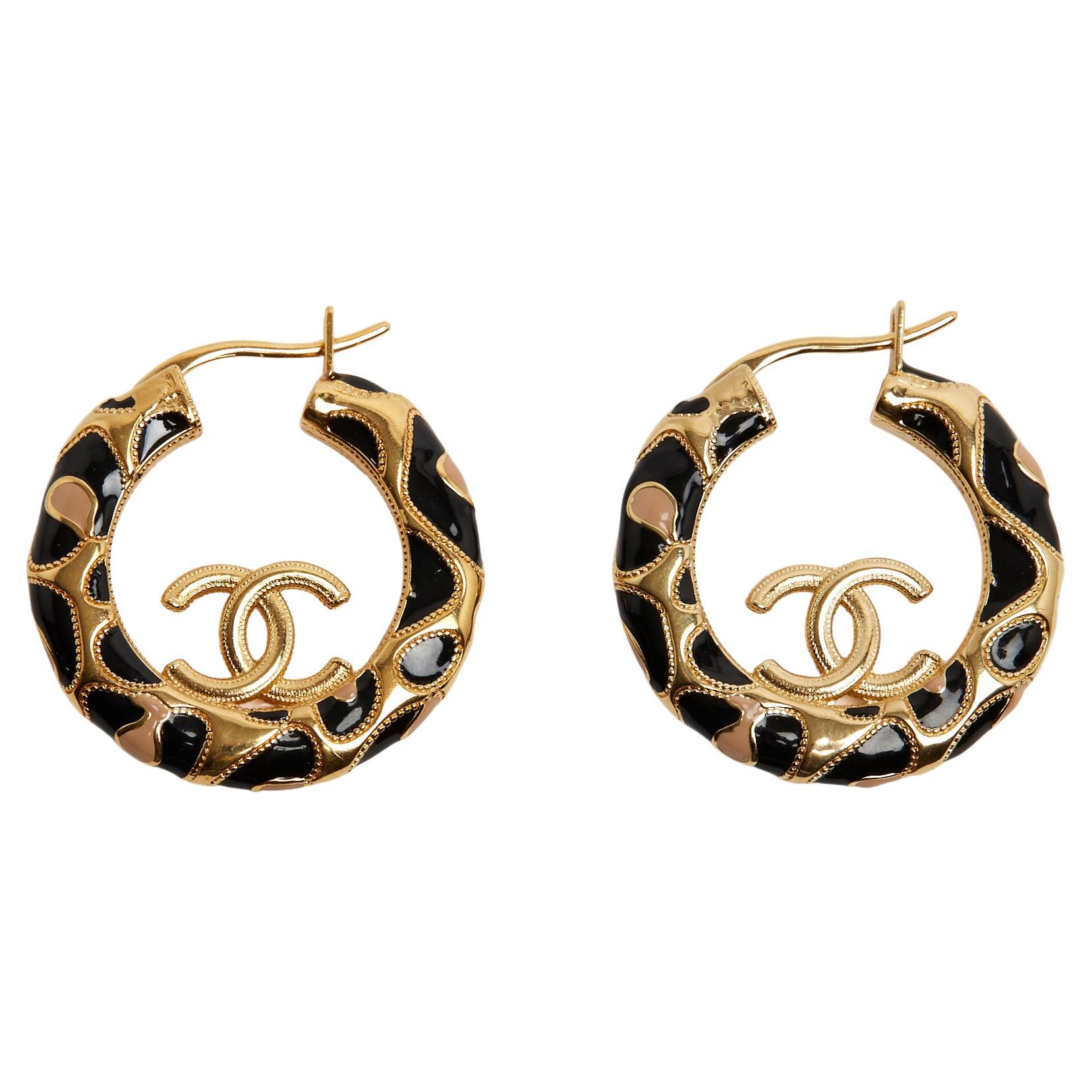 Chanel 2022 Boucles Oreille Creoles CC golden metal Leopard enamelHoops Earrings For Sale