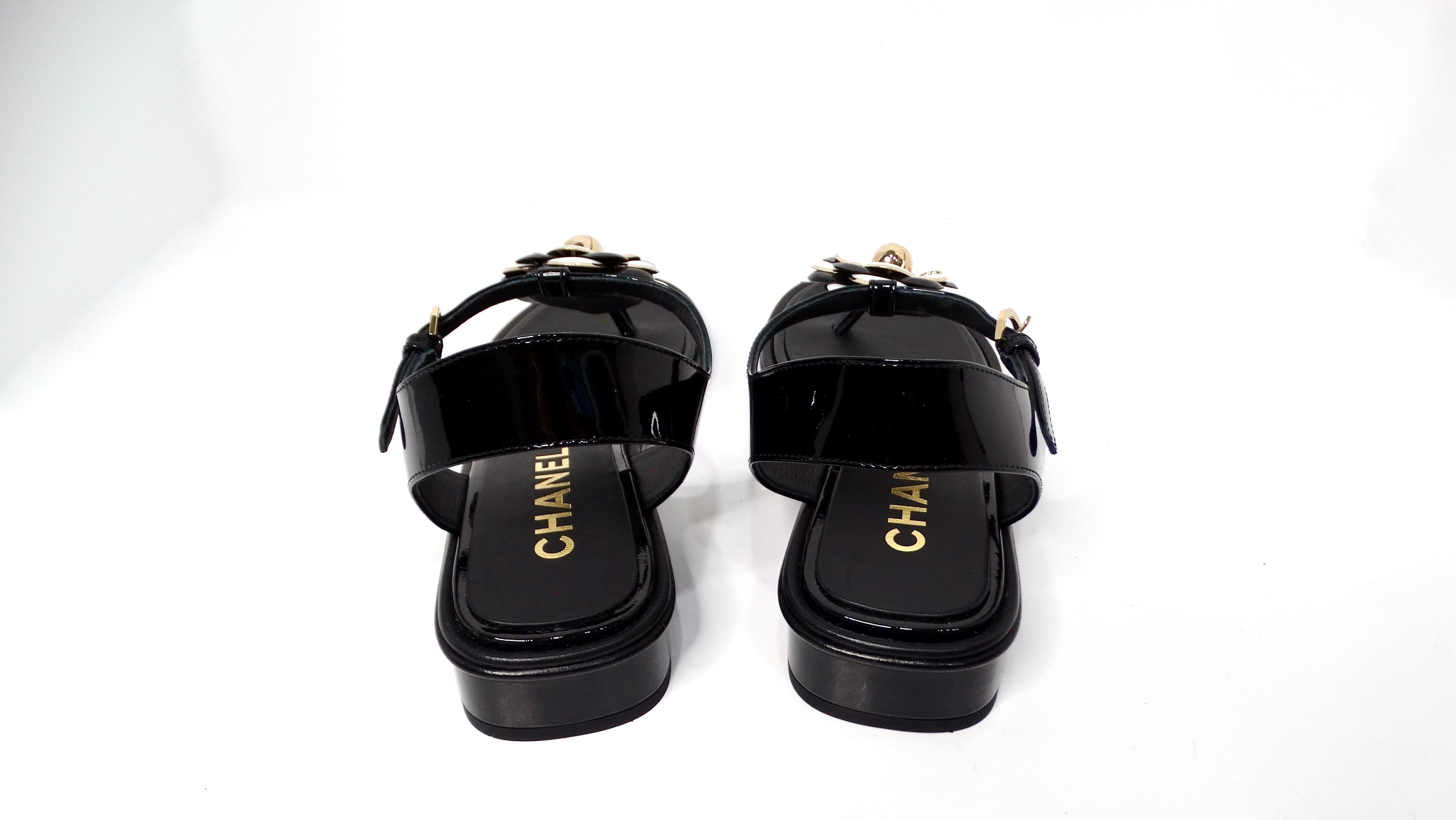 Women's Chanel 2022 Camellia Patent Leather Sandals