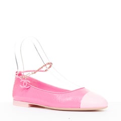 CHANEL 2022 crinkled leather cap toe ankle chain CC charm ballerina flats EU36