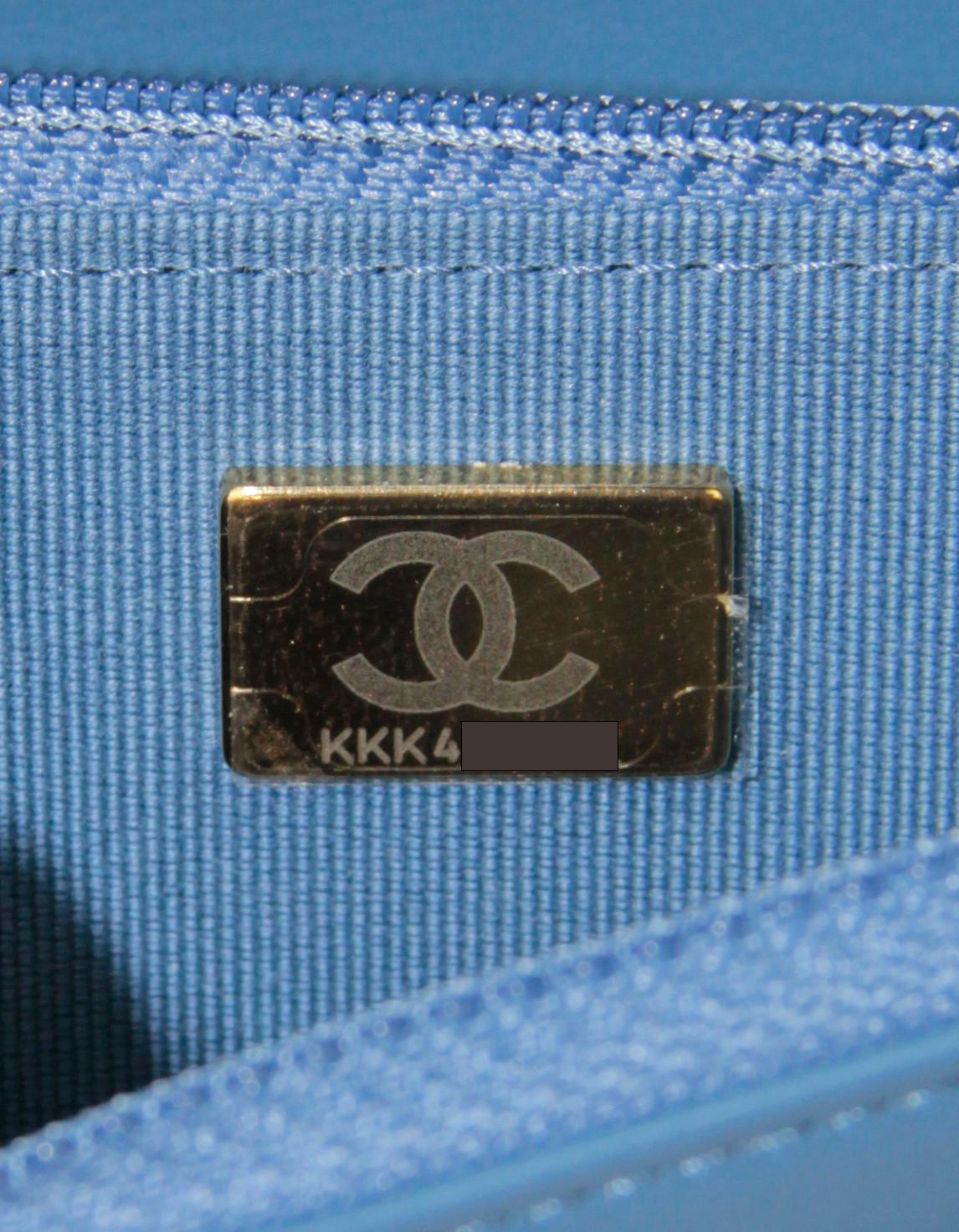 Chanel 2022 Denim Quilted 19 Wallet On Chain WOC Crossbody Bag.  This bag has a microchip and was not made with a hologram sticker or authenticity card.

Made In: Italy
Year of Production: 2022
Color: Blue
Hardware: Goldtone, darkened silver,