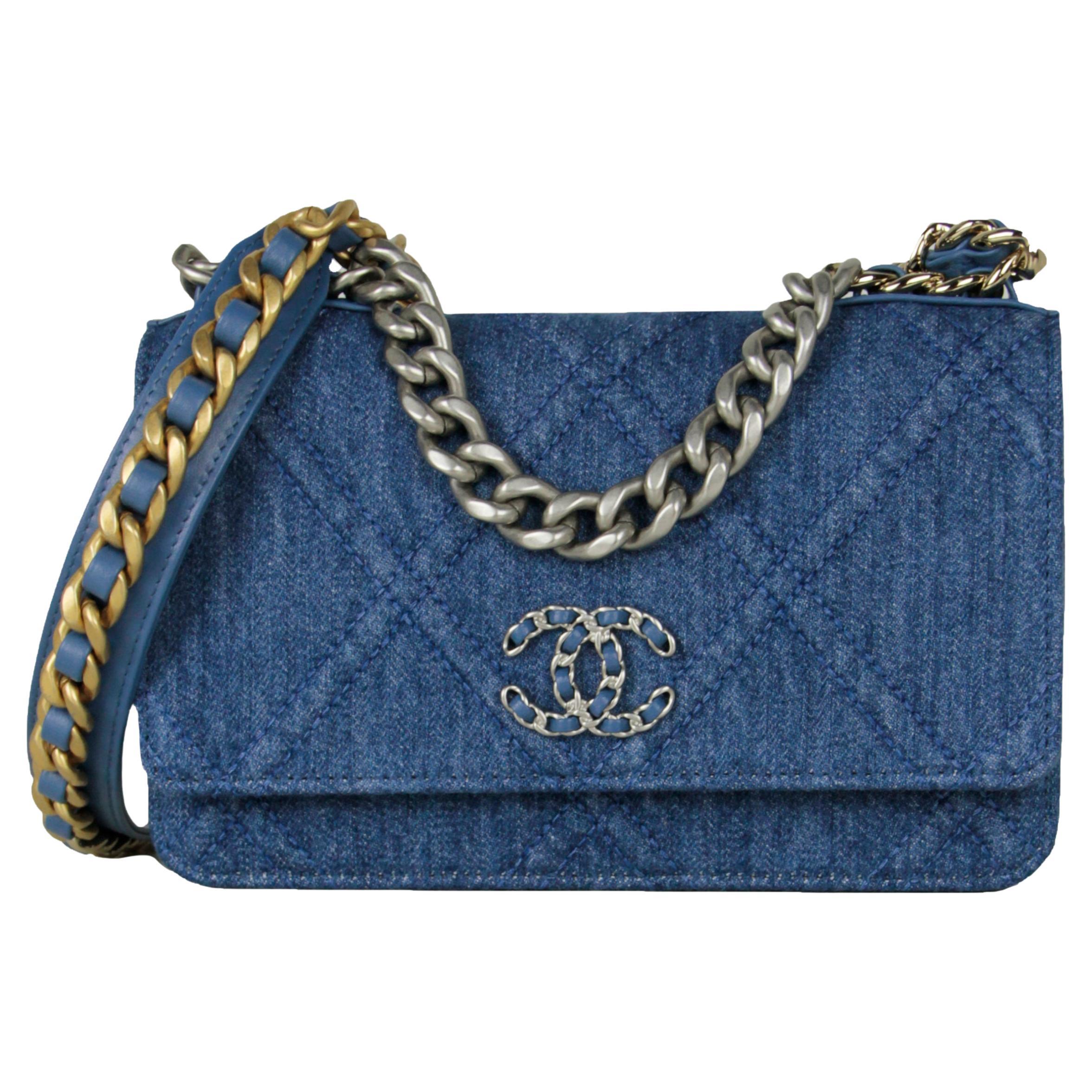 Chanel 2022 Denim Quilted 19 Wallet on Chain Woc Crossbody Bag