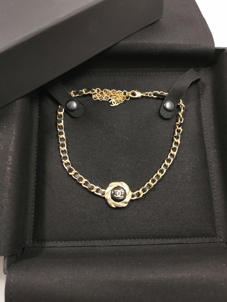 Chanel 2022 Gold and Black Leather Chain CC Choker in Box at
