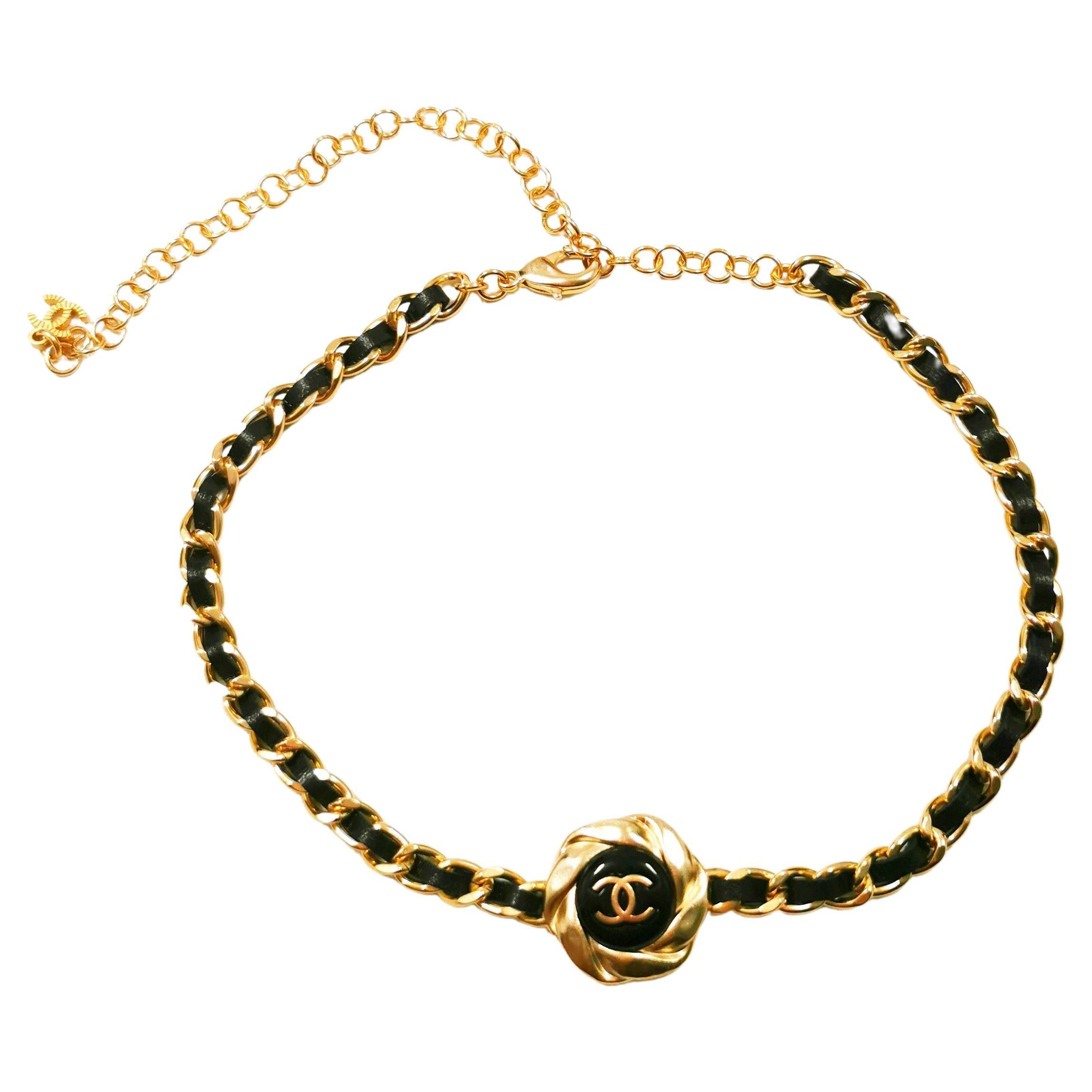 Chanel 2022 Gold and Black Leather Chain CC Choker in Box at 1stDibs