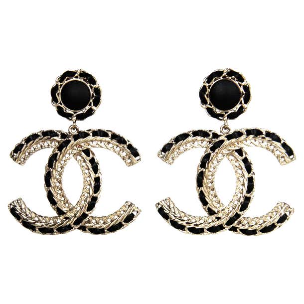 Chanel 2022 Gold/Black Leather Large hanging CC Earrings For Sale at ...