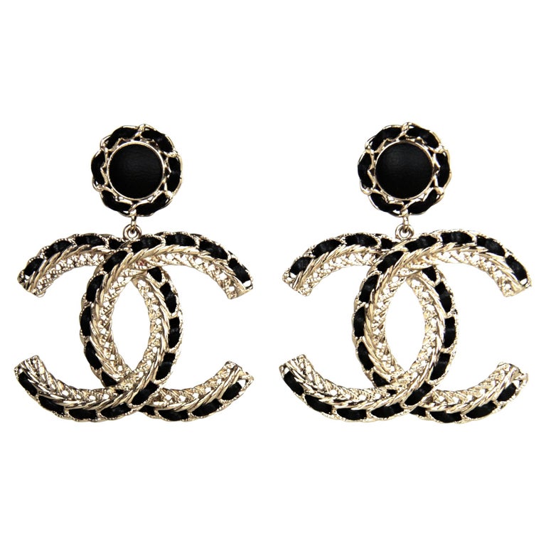 Chanel 2022 Gold/Black Leather Large hanging CC Earrings