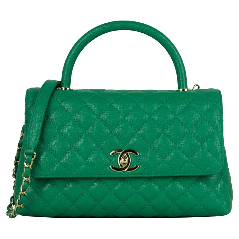 Chanel 2022 Green Caviar Leather Quilted Small Coco Handle Flap Bag at