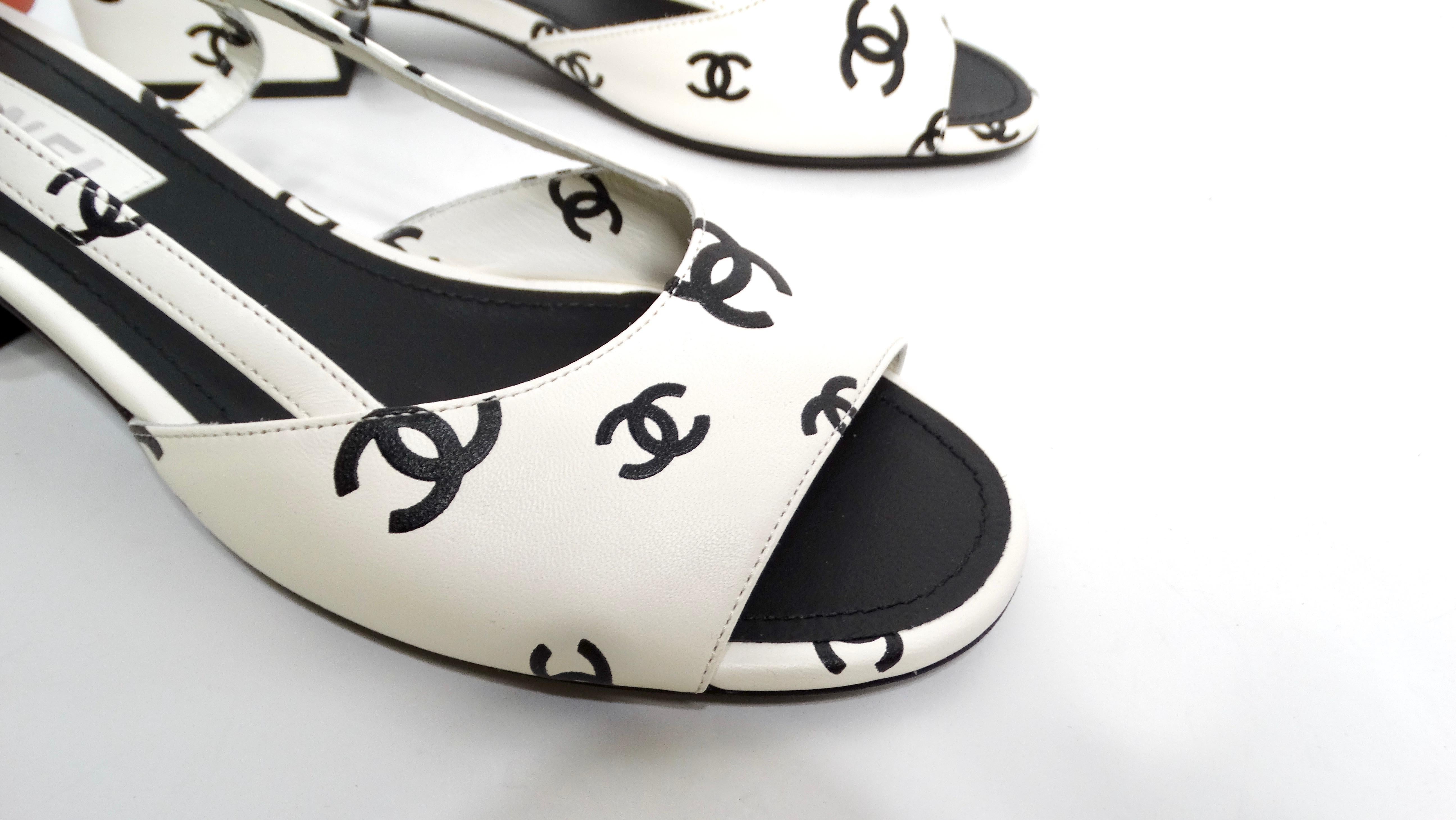 Beige Chanel 2022 Lambskin White & Black Interlocking CC Print Slingback Sandals