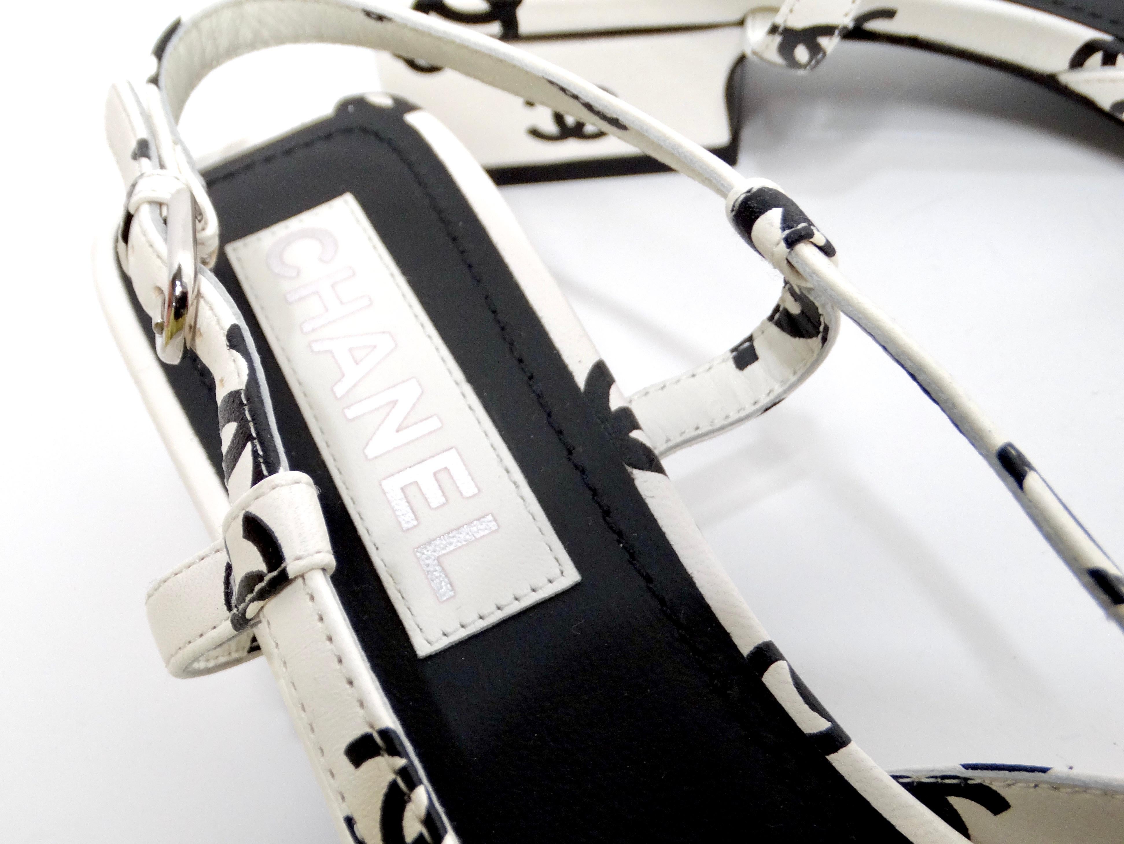 Women's Chanel 2022 Lambskin White & Black Interlocking CC Print Slingback Sandals