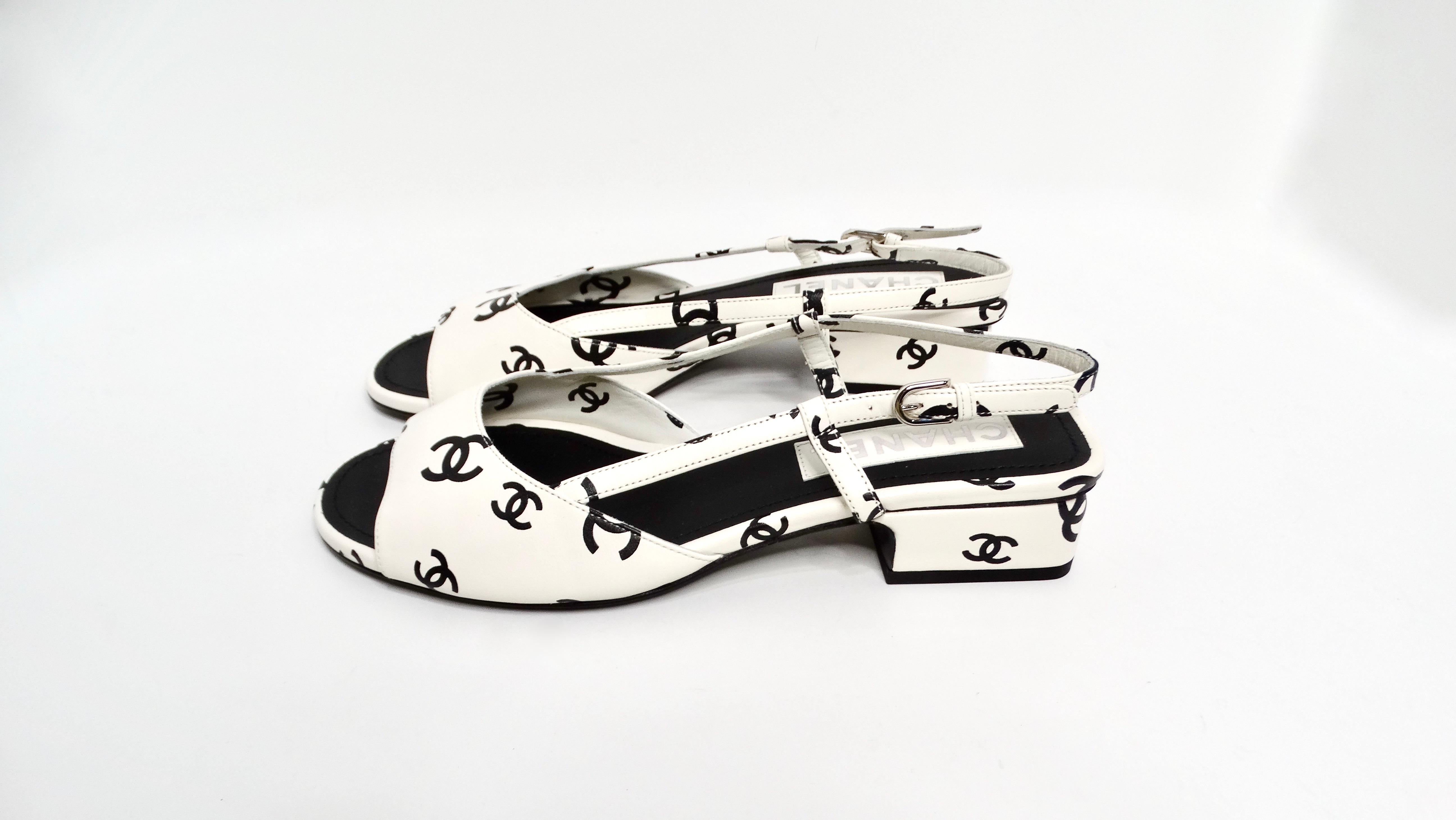 Chanel 2022 Lambskin White & Black Interlocking CC Print Slingback Sandals 1