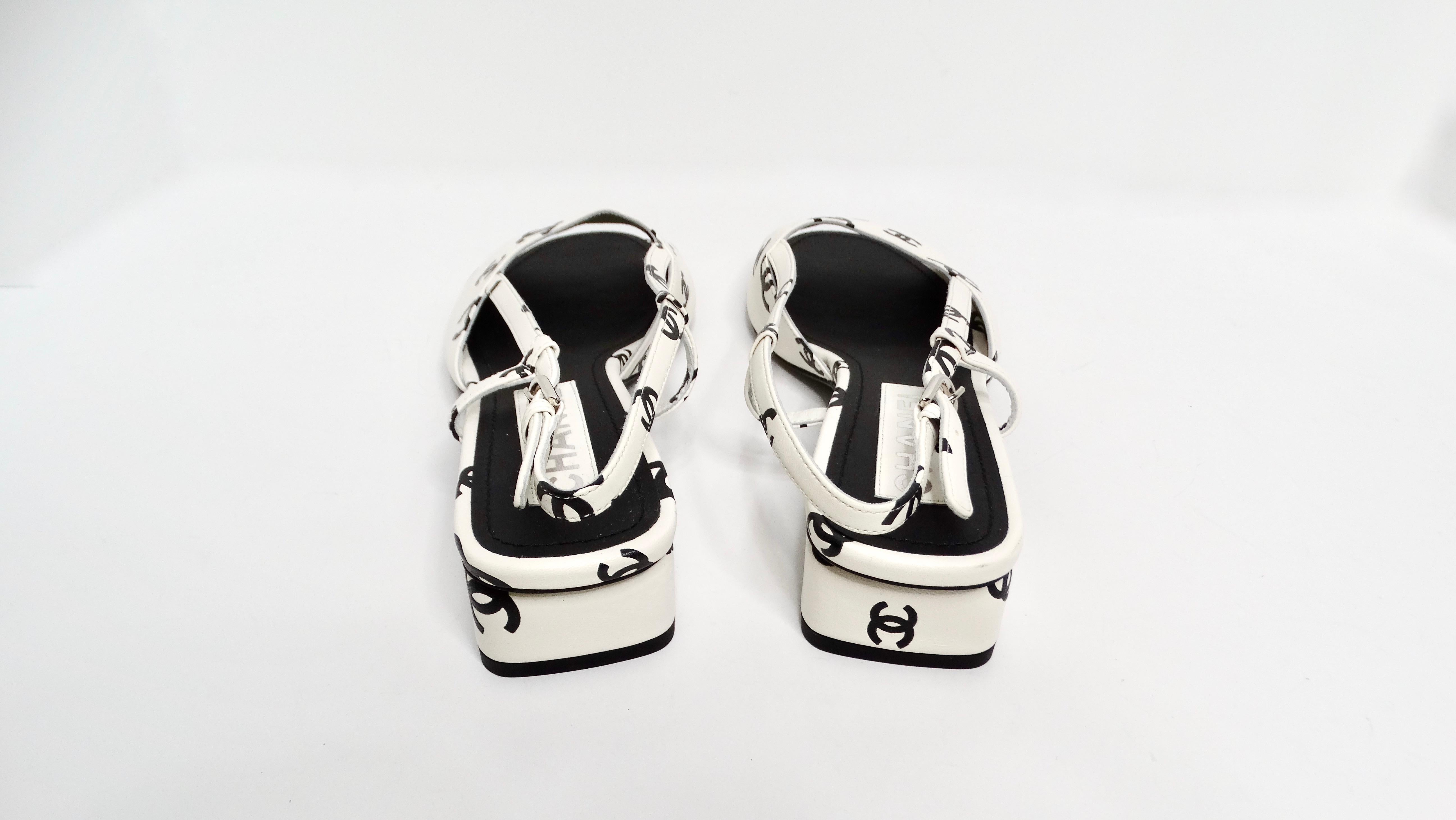 Chanel 2022 Lambskin White & Black Interlocking CC Print Slingback Sandals 2