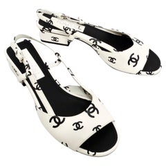 Chanel 2022 Lambskin White & Black Interlocking CC Print Slingback Sandals