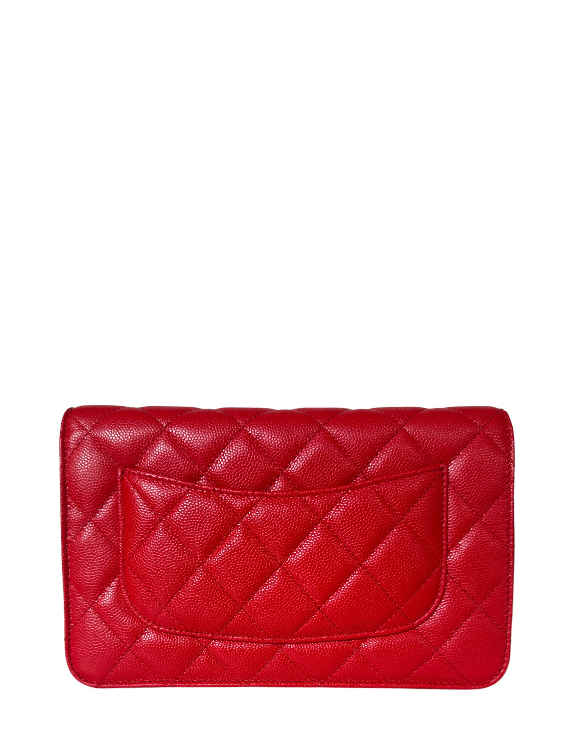 Chanel NEW Red Quilted Caviar Leather Wallet On Chain WOC Crossbody Bag. Chain can be tucked inside bag to also be worn as a clutch. 
Made In: France
Year of Production: 2022
Color: Red
Hardware: Light goldtone
Materials: Caviar leather
Lining: Red