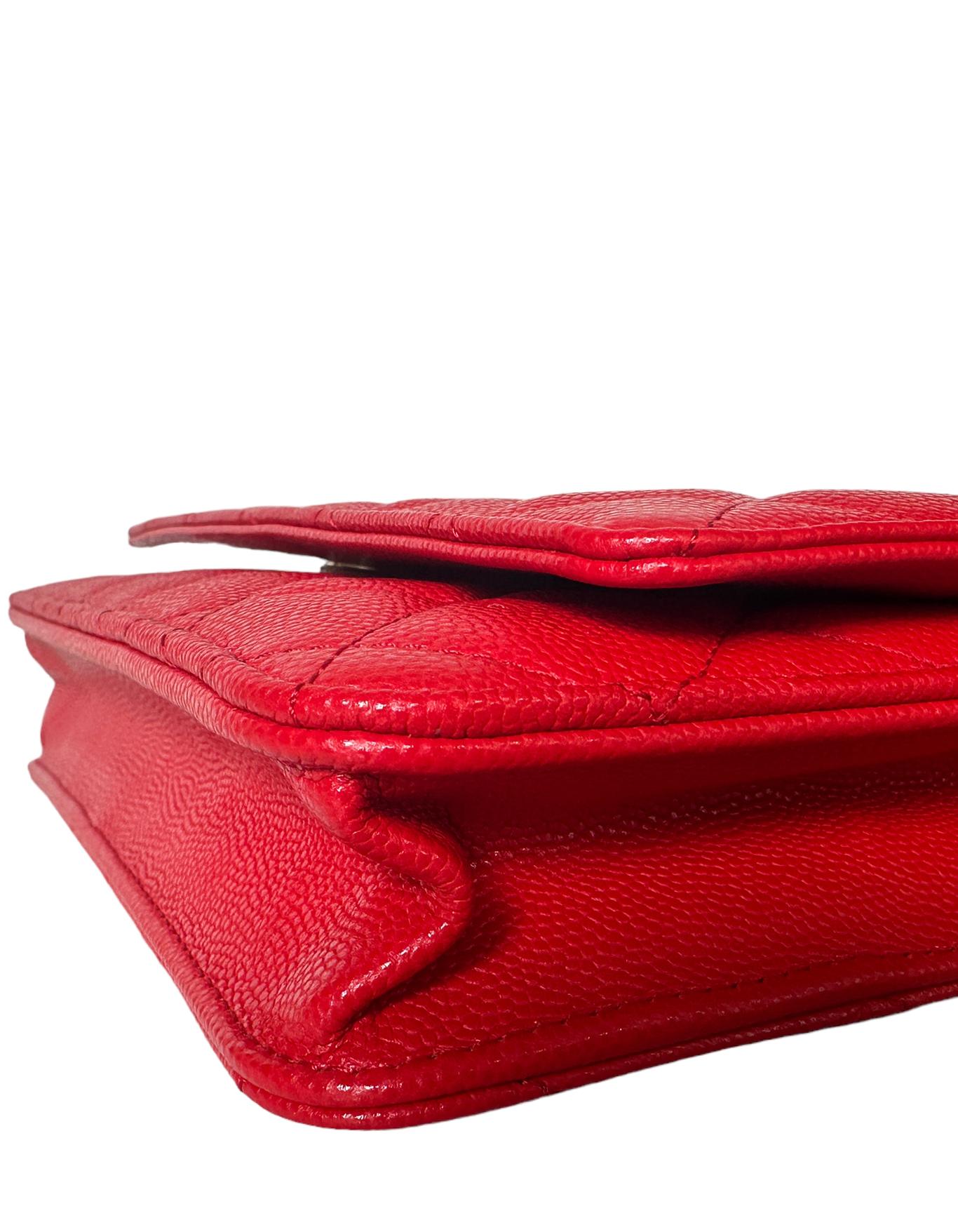 Women's or Men's Chanel 2022 NEW Red Quilted Caviar Leather Wallet On Chain WOC Crossbody Bag
