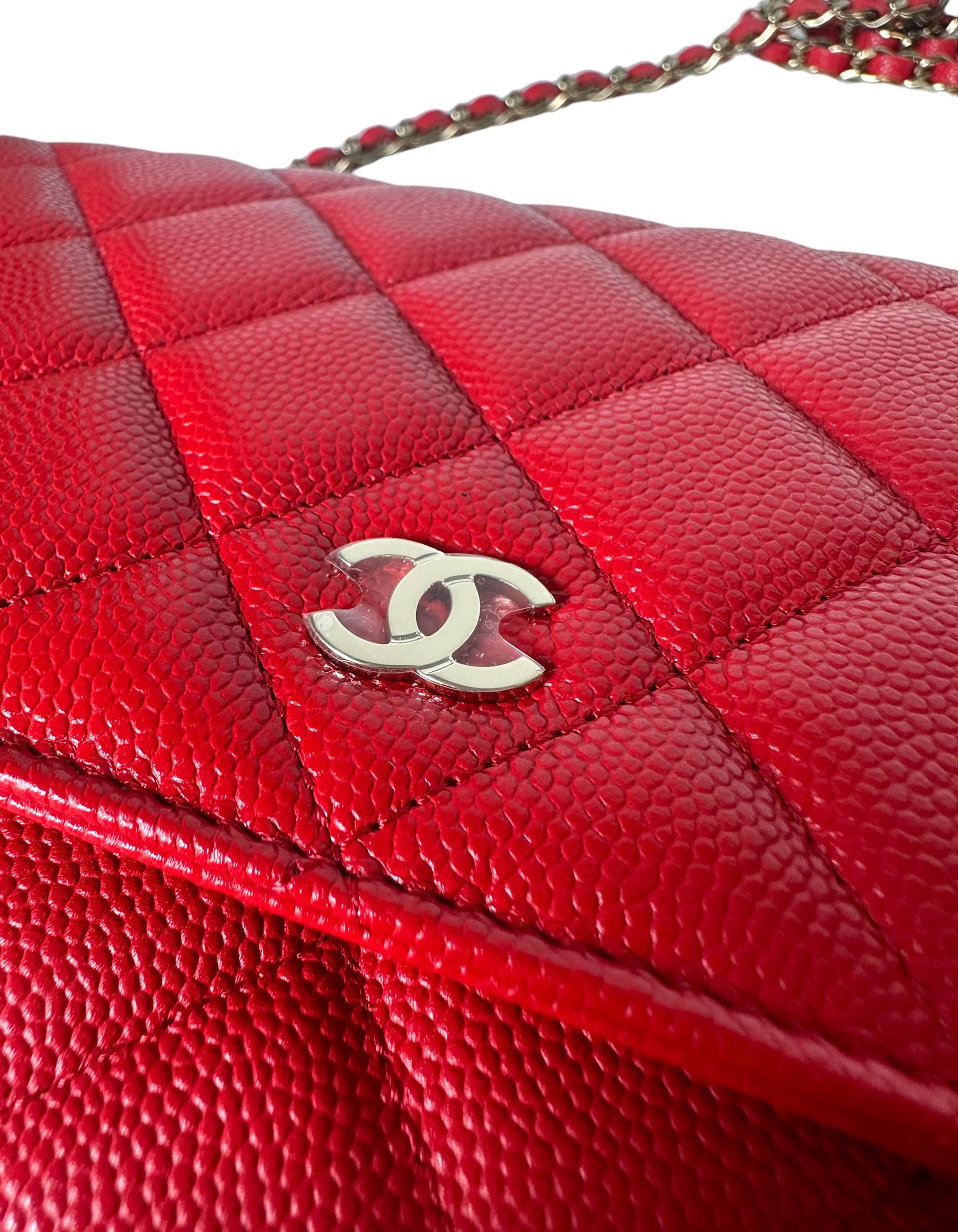 Chanel 2022 NEW Red Quilted Caviar Leather Wallet On Chain WOC Crossbody Bag 2