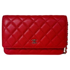 Chanel 2022 NEW Red Quilted Caviar Leather Wallet On Chain WOC Crossbody Bag