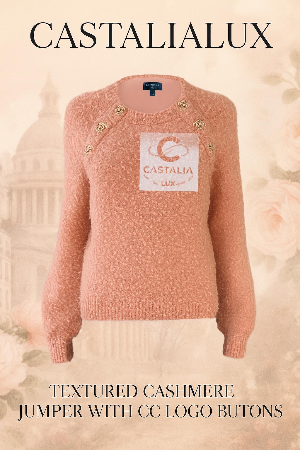 Chanel Pfirsich-Alpaka-Pullover mit CC-Turnlock-Verschlüssen u20282022 Herbst Collection'S von Virginie Viard

~ Die Vision von Virginie Viard entfaltet sich in diesem Stück: Wärme ohne Gewicht, Eleganz ohne Anstrengung

~ Hüllen Sie sich in sein