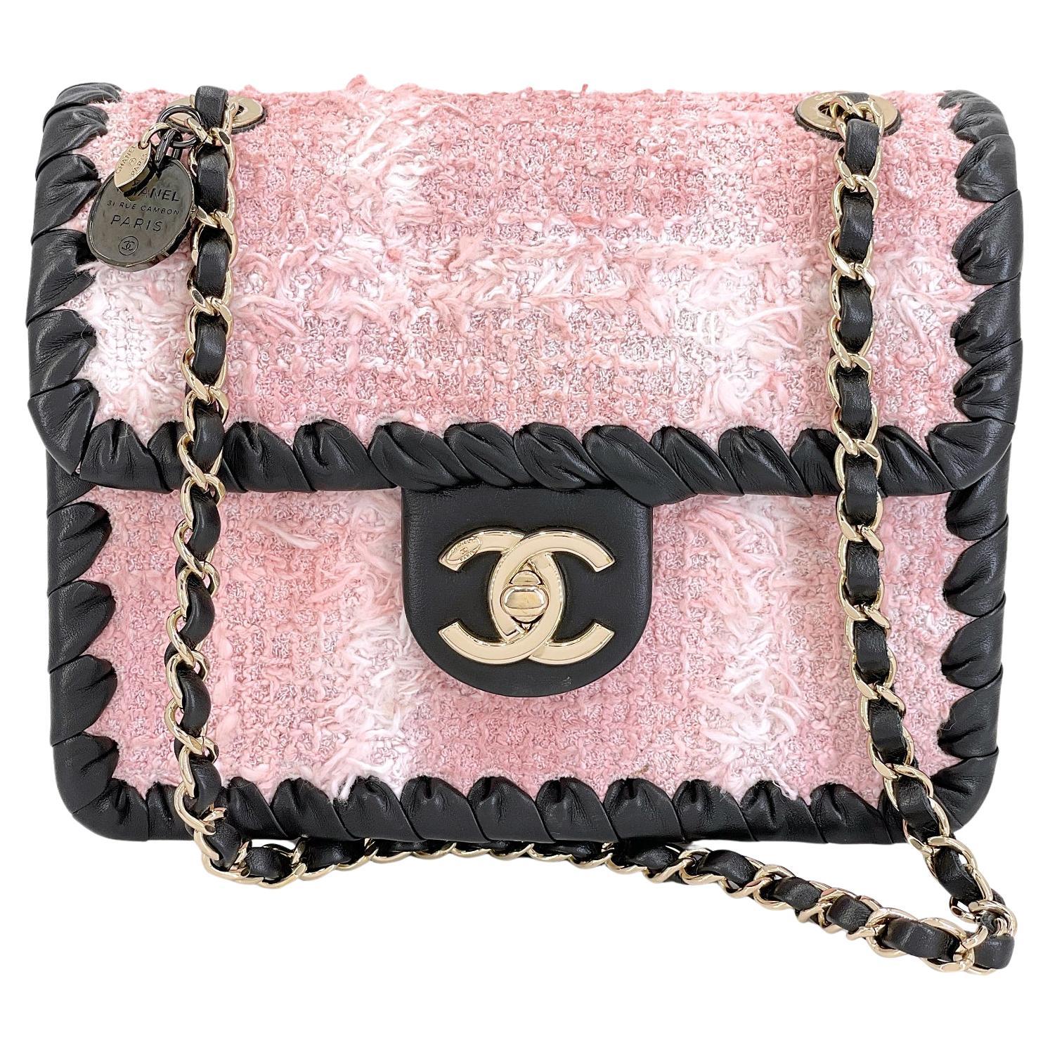 Chanel 2022 Pink Tweed Black Square Mini Flap Bag GHW 68476
