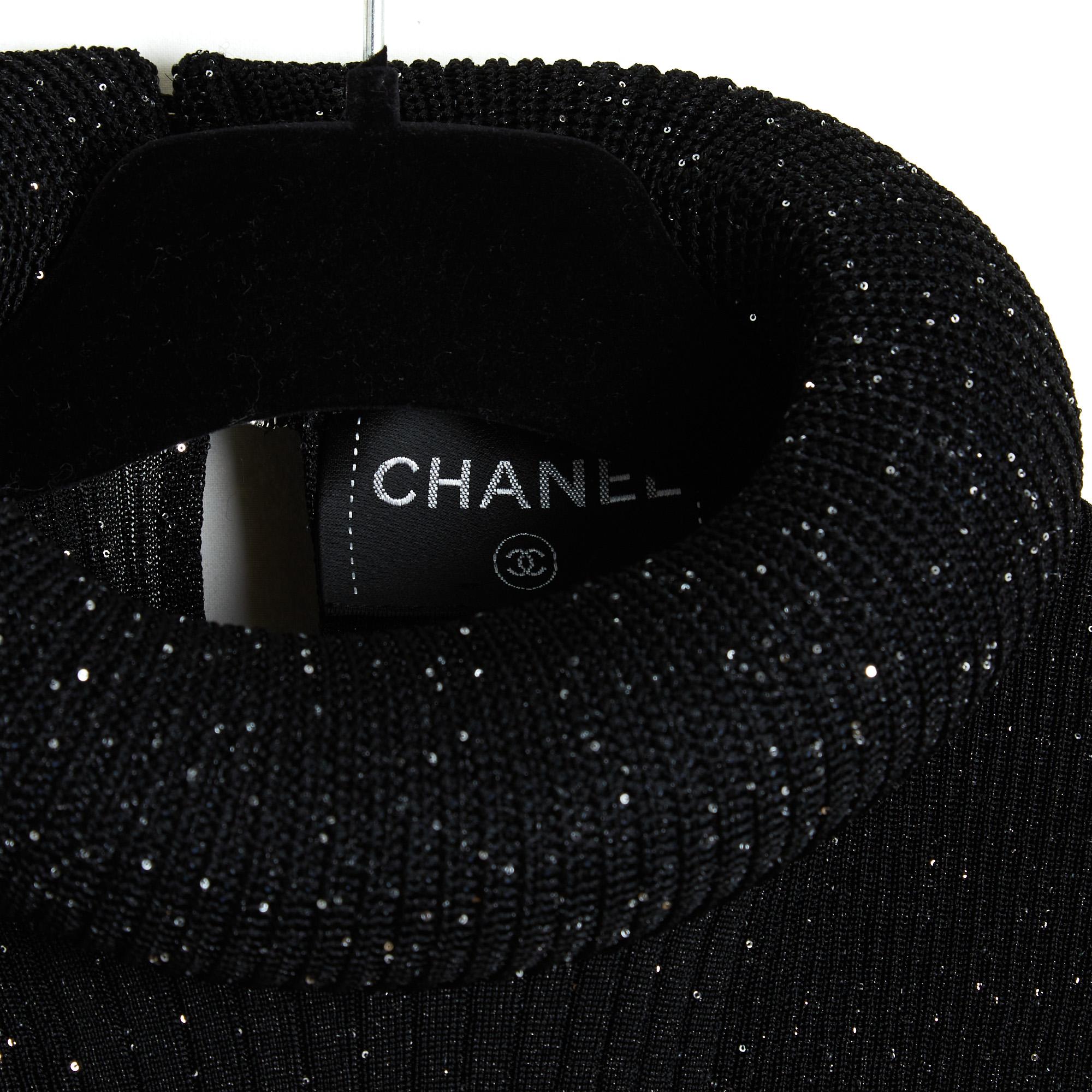De las mujeres Chanel 2022 Pull Noir Glitter FR38 Negro Cuello Redondo Ruff Top Sweater UK10 US8 en venta