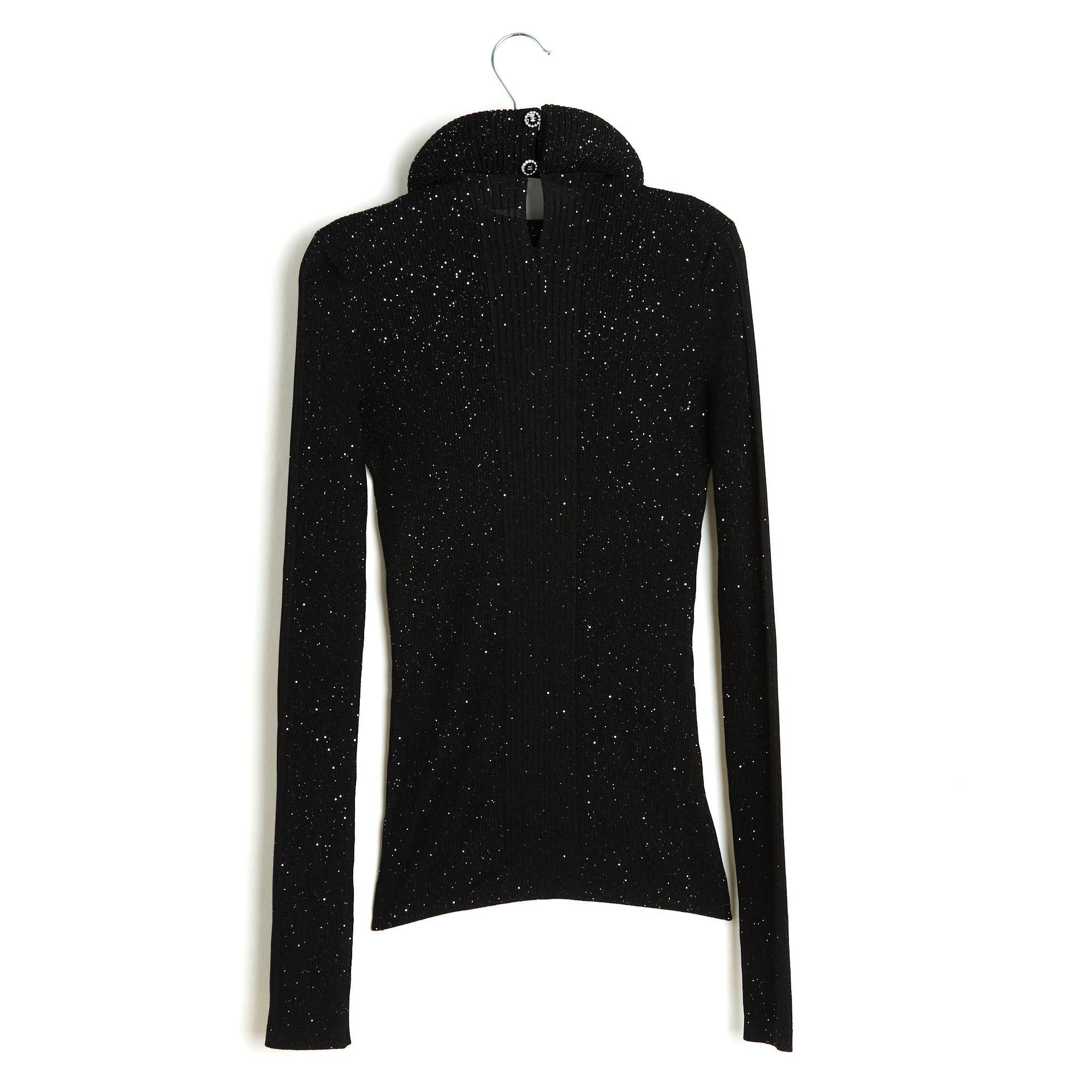 Chanel 2022 Pull Noir Glitter FR38 Negro Cuello Redondo Ruff Top Sweater UK10 US8 en venta 2
