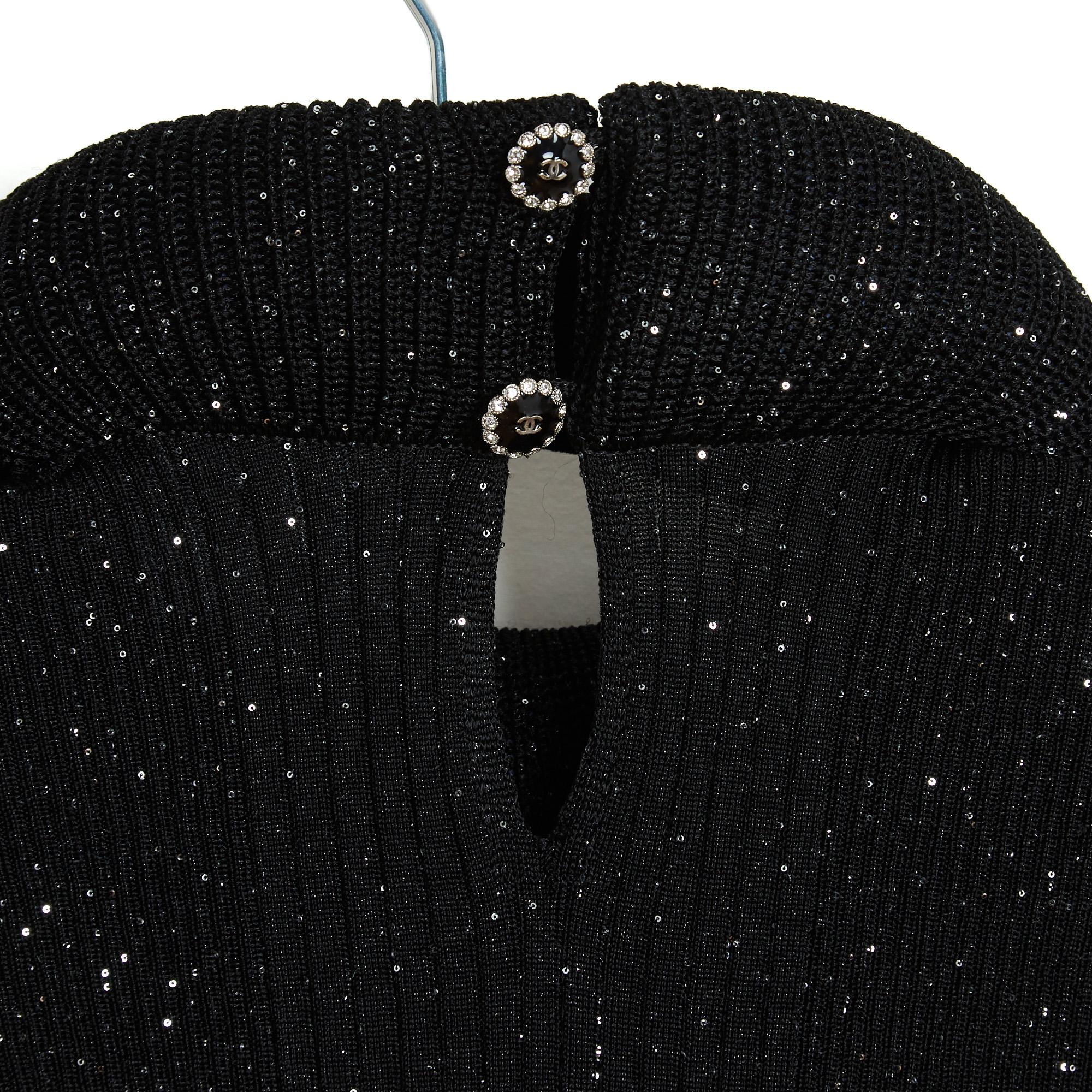 Chanel 2022 Pull Noir Glitter FR38 Negro Cuello Redondo Ruff Top Sweater UK10 US8 en venta 3