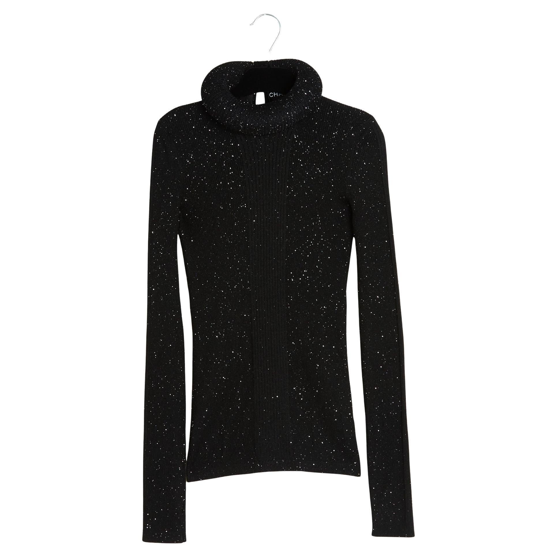 Chanel 2022 Pull Noir Glitter FR38 Black Round Collar Ruff Top Sweater UK10 US8