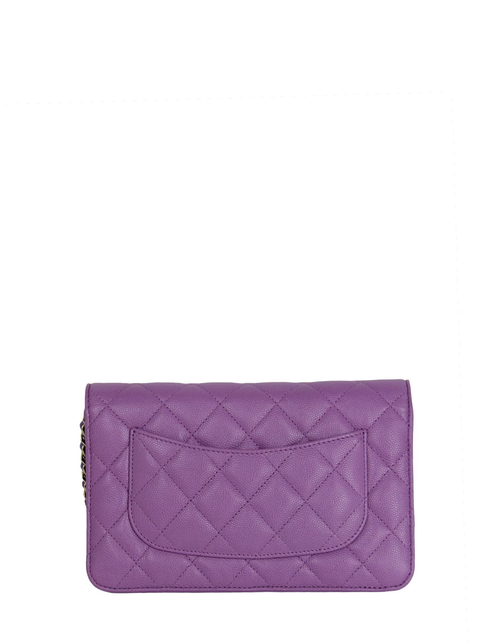 Chanel 2022 Purple Quilted Caviar Leather Wallet On Chain WOC Crossbody Bag In Excellent Condition For Sale In New York, NY