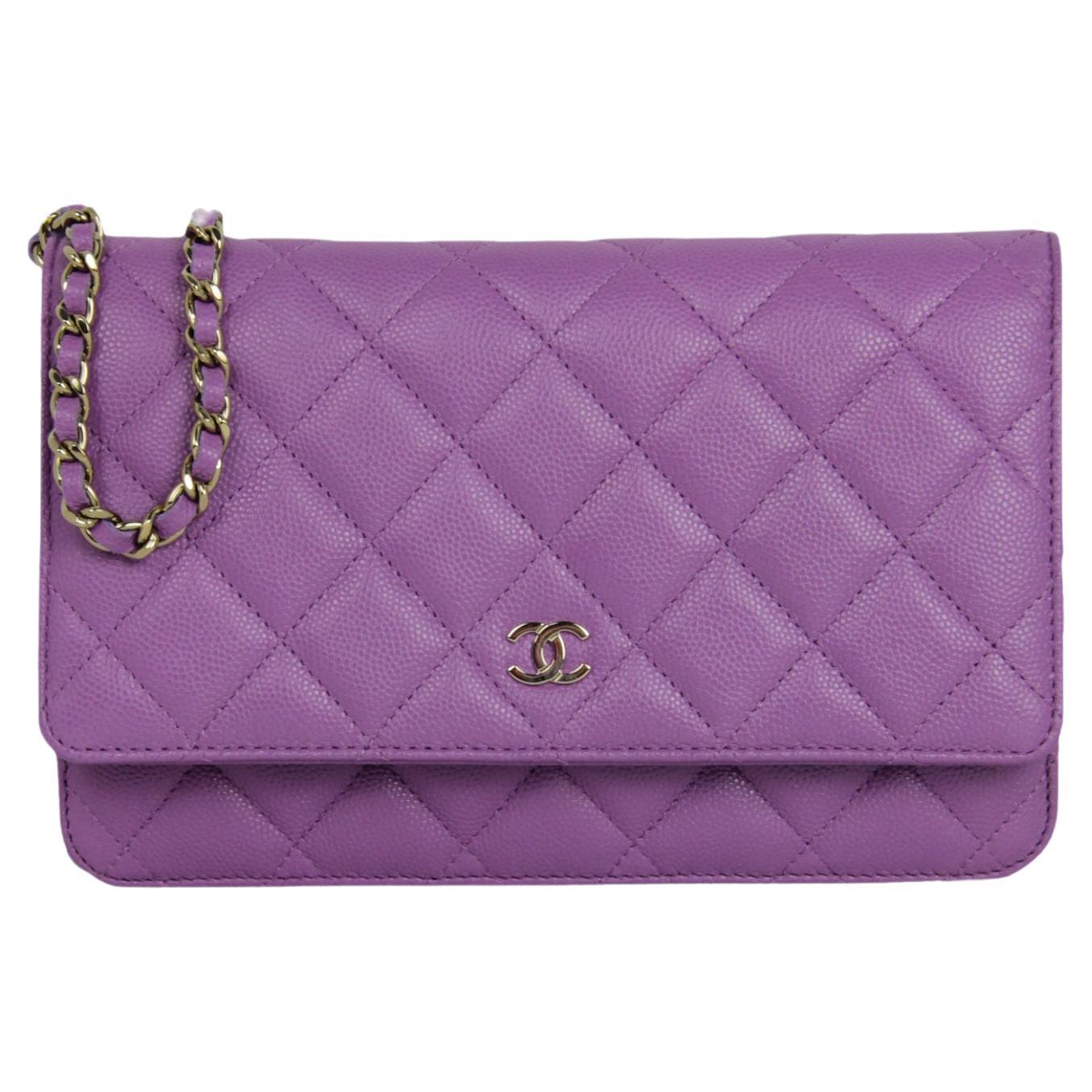 Chanel 2022 Purple Quilted Caviar Leather Wallet On Chain WOC Crossbody Bag For Sale