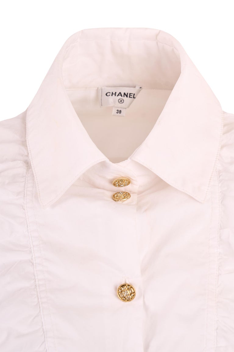 chanel white dress shirt 64940 auth CHANEL white cotton POPLIN PATCH POCKET Button Up Shirt 42 L