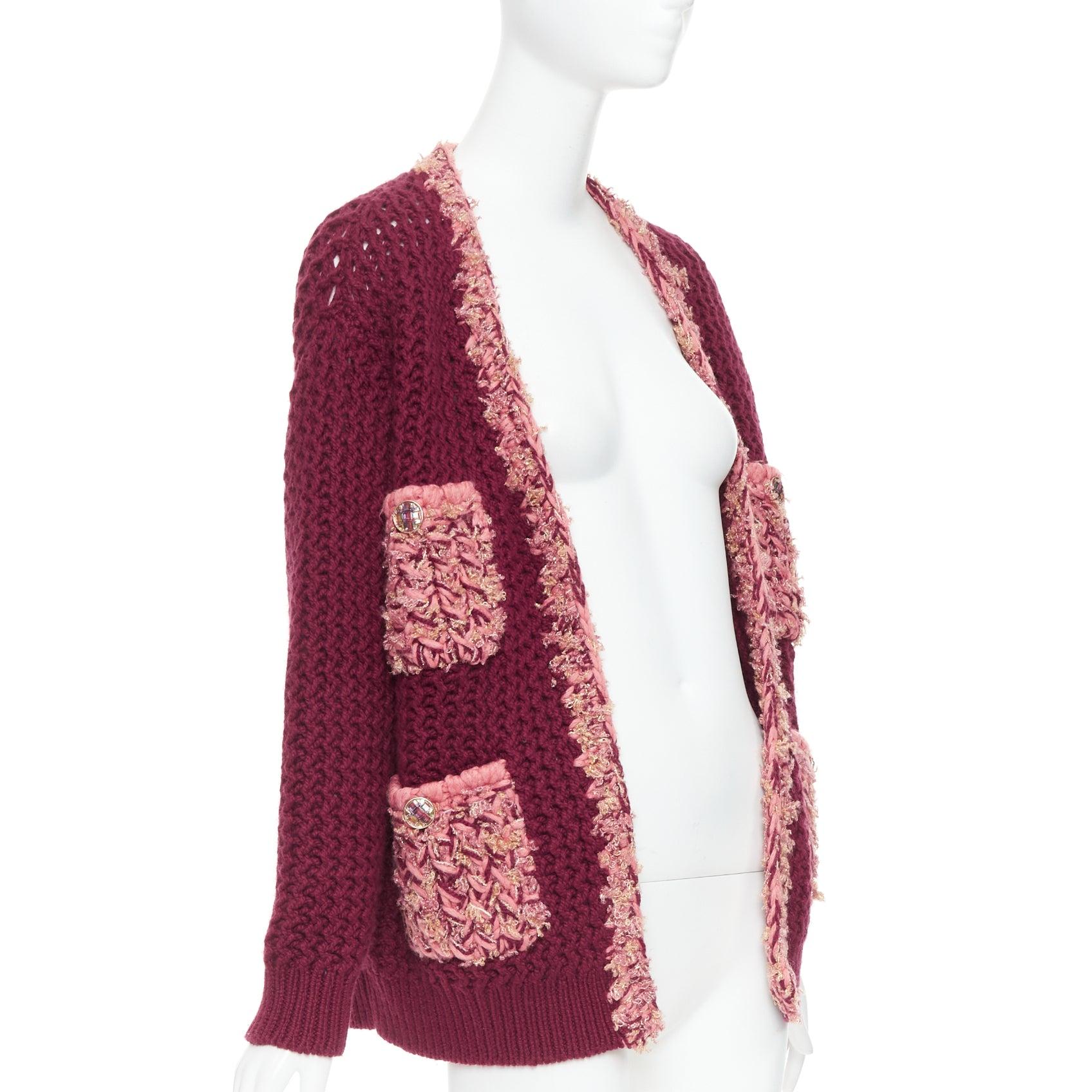 Red CHANEL 2022 Runway 100% cashmere burgundy pink tweed 4 pockets cardigan FR34 XS For Sale