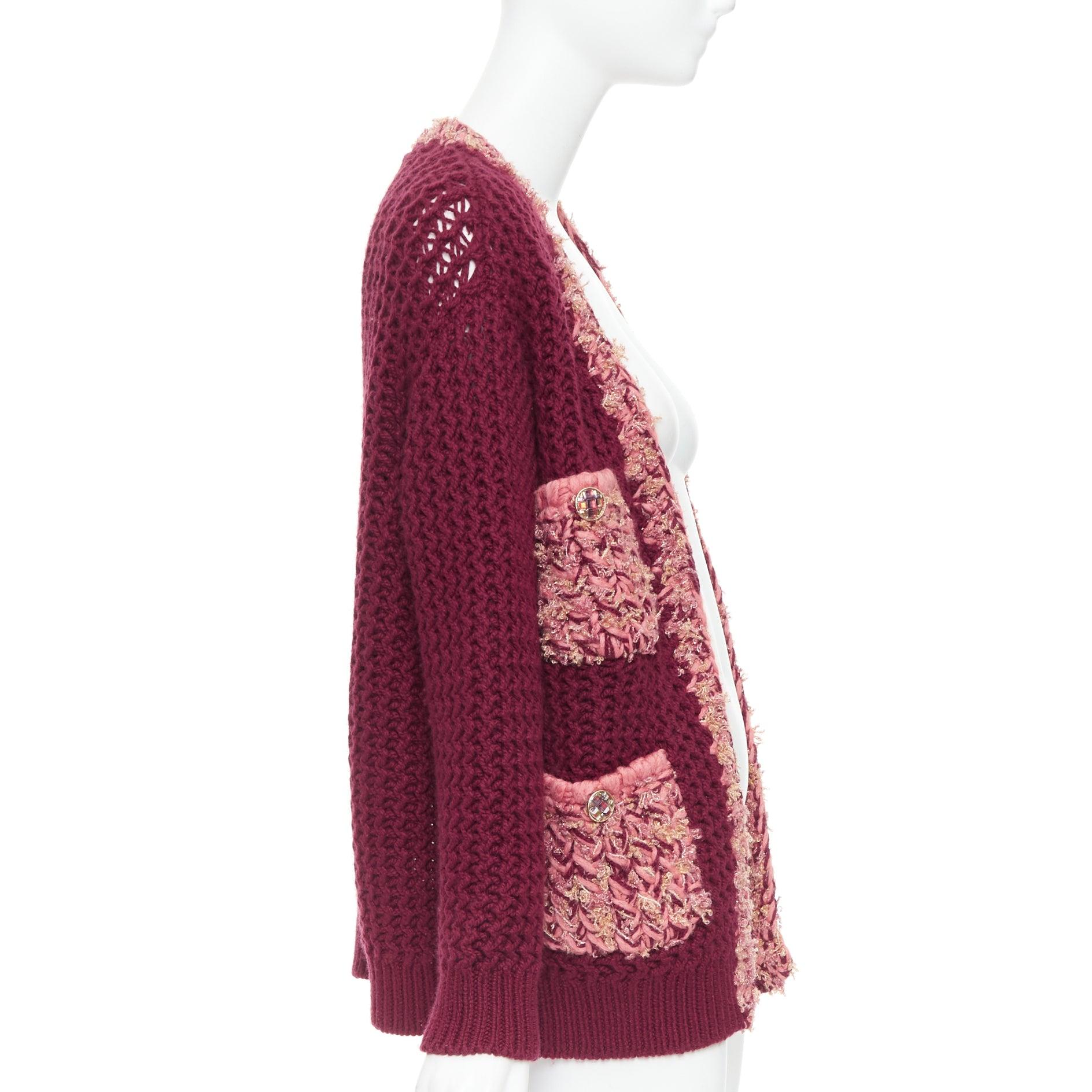CHANEL 2022 Runway 100% cashmere burgundy pink tweed 4 pockets cardigan FR34 XS In New Condition For Sale In Hong Kong, NT