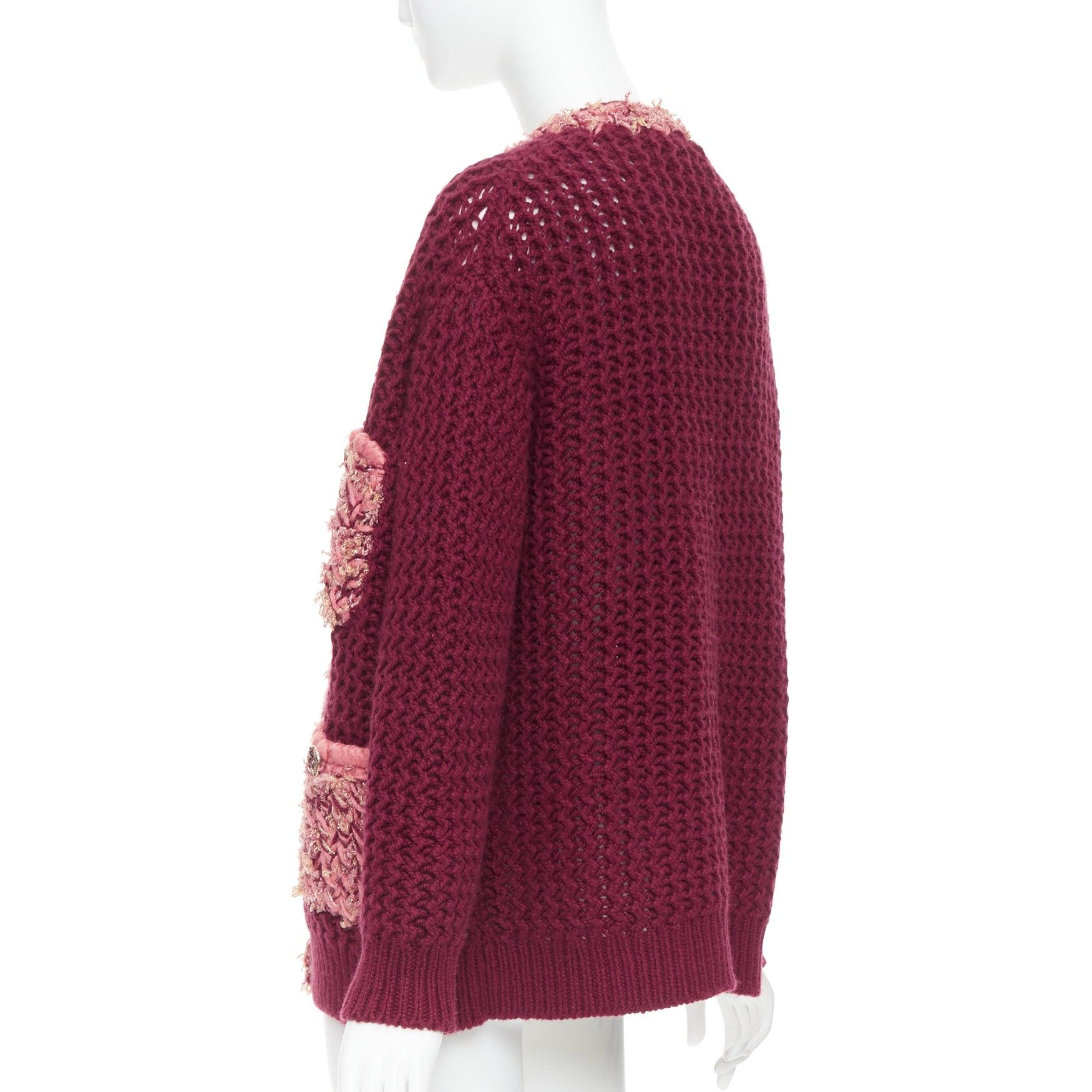 CHANEL 2022 Runway 100% cashmere burgundy pink tweed 4 pockets cardigan FR34 XS For Sale 1