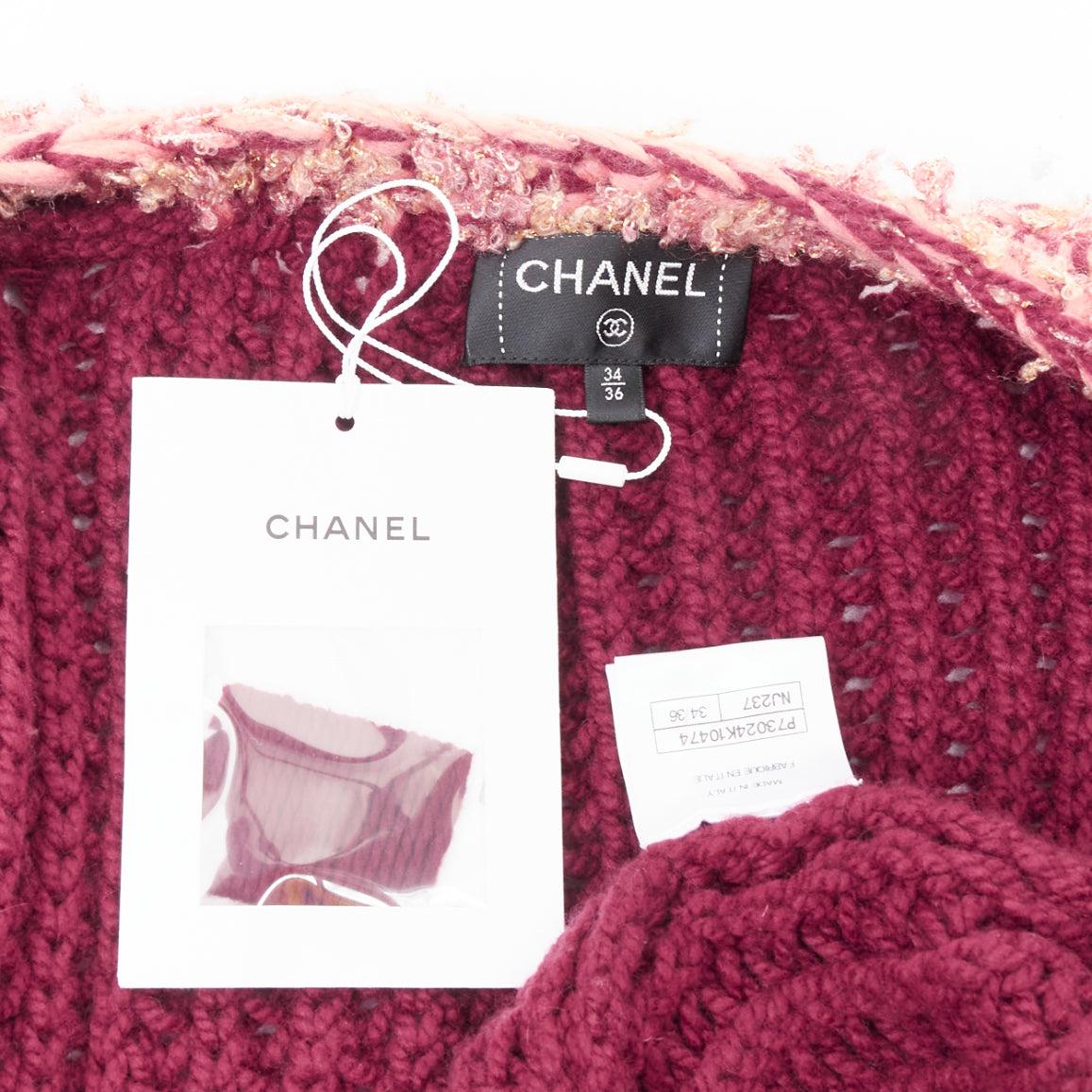 CHANEL 2022 Runway 100% cashmere burgundy pink tweed 4 pockets cardigan FR34 XS For Sale 3