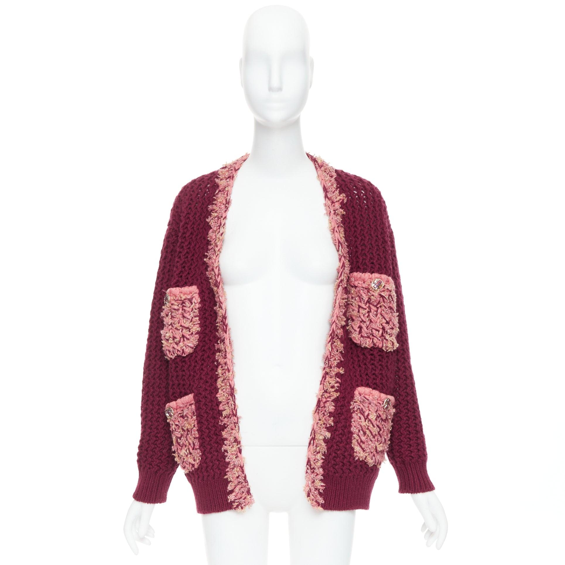 CHANEL 2022 Runway 100% cashmere burgundy pink tweed 4 pockets cardigan FR34 XS For Sale 4