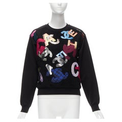 CHANEL 2022 Runway metallic CC logo graphic black tweed crew sweater FR34 XS