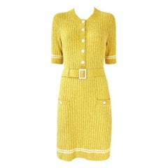 CHANEL 2022 Sunlit Yellow Boucle Dress with Logo Belt 38 FR