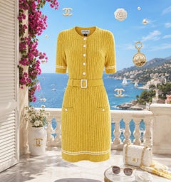 CHANEL 2022 Sunlit Yellow Boucle Dress with Logo Belt 38 FR