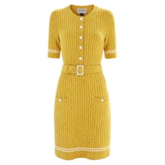 CHANEL 2022 Sunlit Yellow Boucle Dress with Logo Belt 38 FR