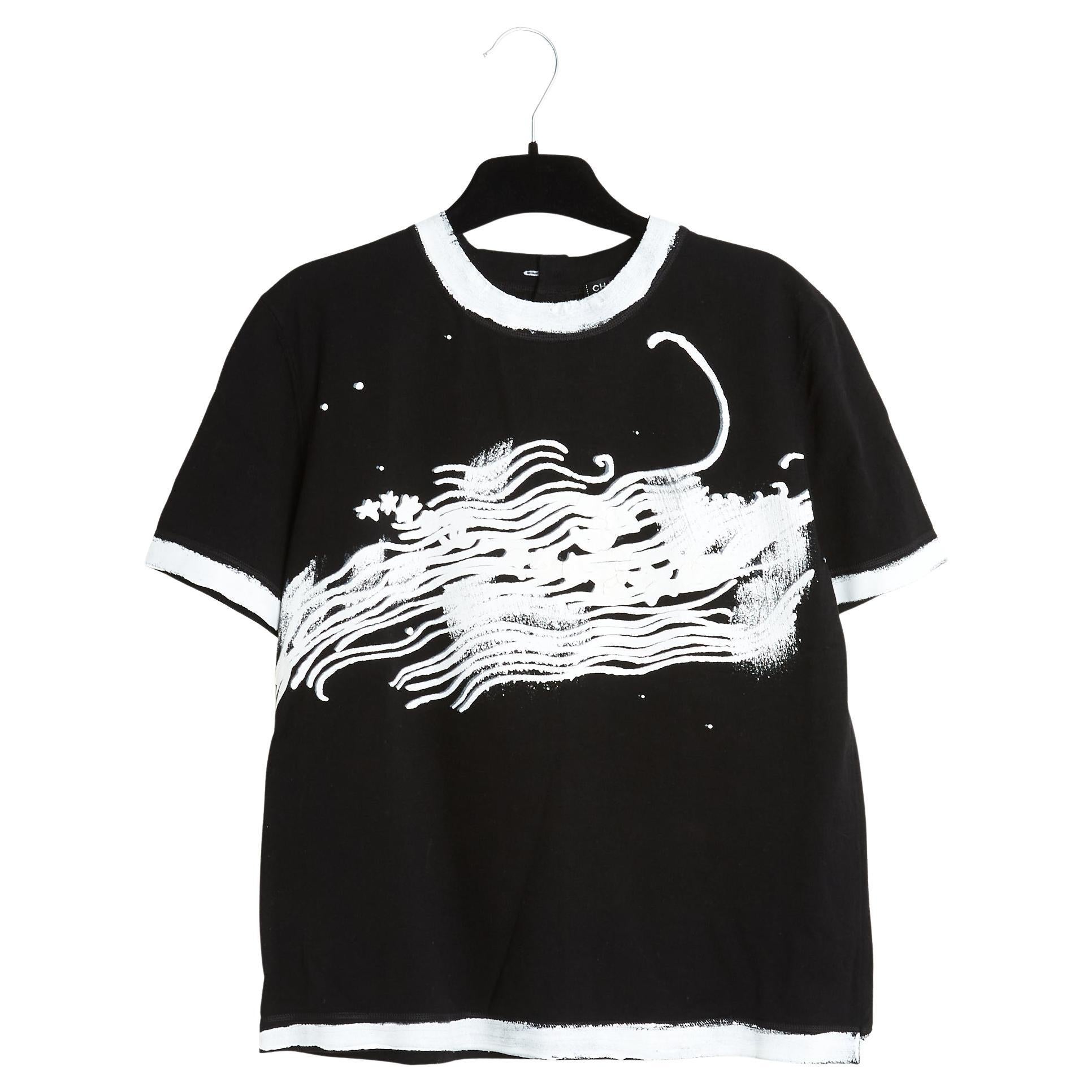 Chanel 2022 T Shirt Croisiere FR38 Black Cotton Painted Resort Top UK10 US6 or 8