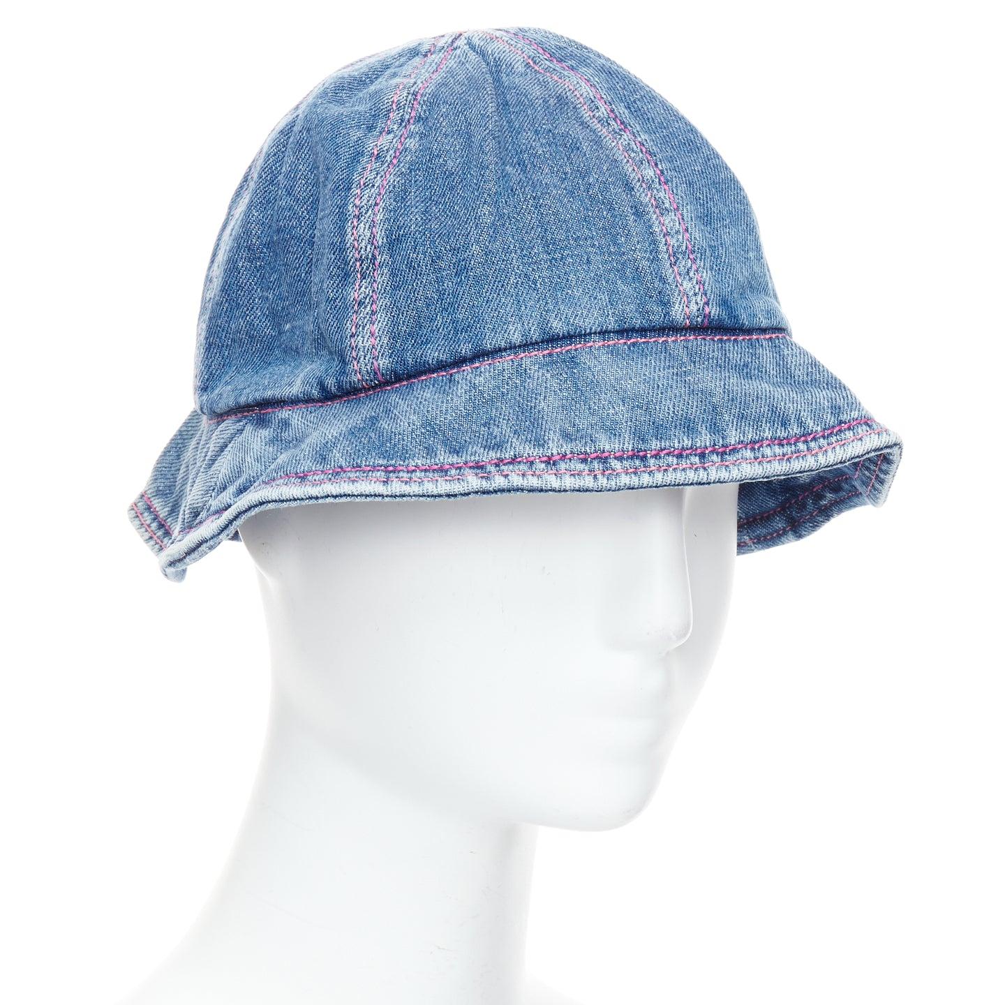 Blue CHANEL 2022 washed blue denim silver CC logo red topstitch bucket hat M For Sale